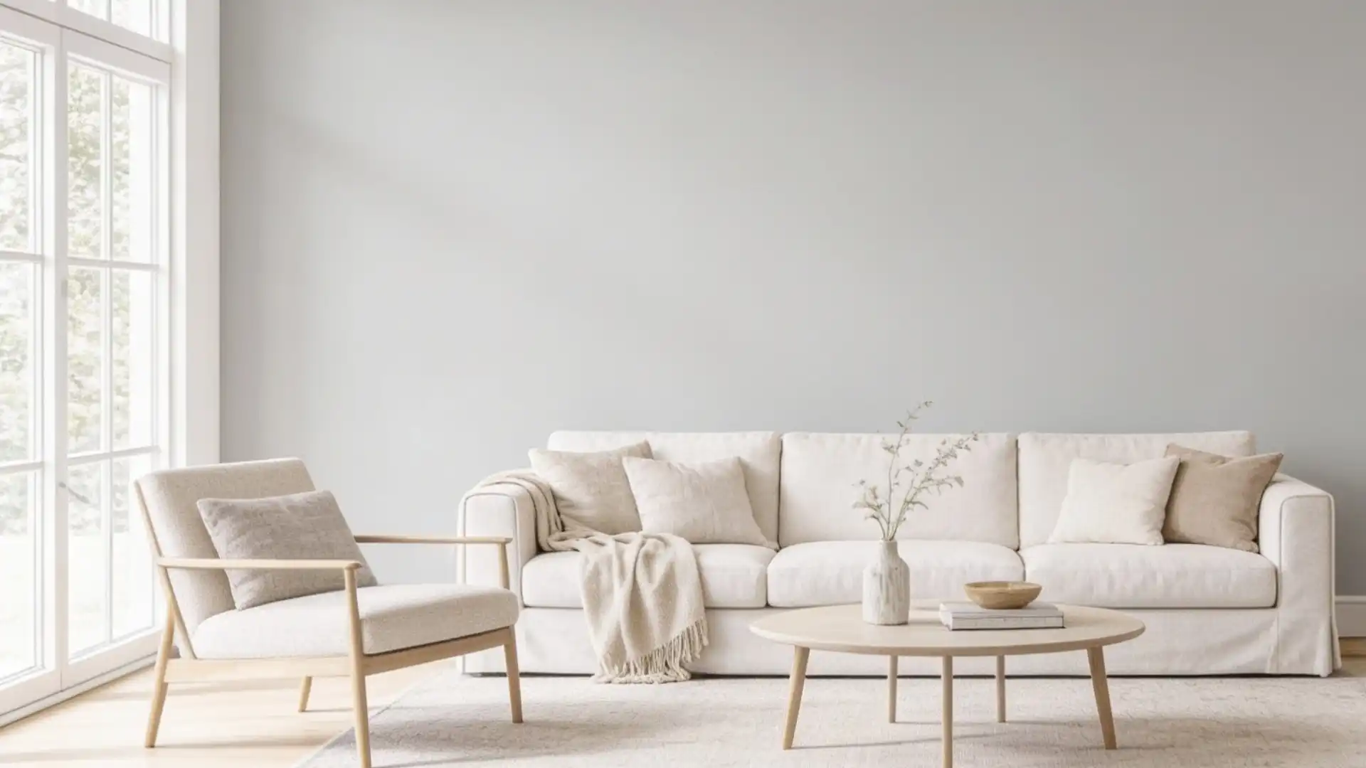 Minimalist living room with a white linen sofa, light wood armchair, round coffee table, and large window against pale gray walls.