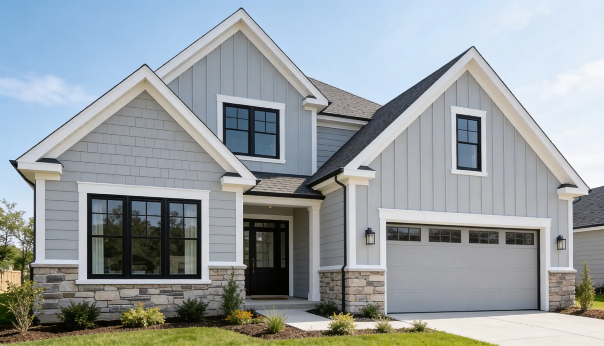 Modern farmhouse home with light gray siding, white trim, black windows, stone accents, and gray garage under blue skies.