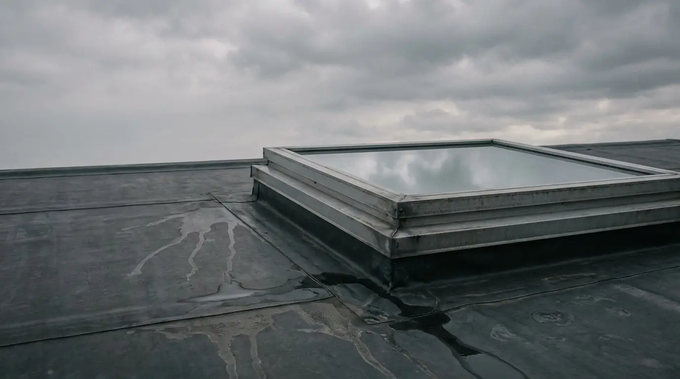 Flat rooftop with a large skylight under overcast sky, visible water stains on surface