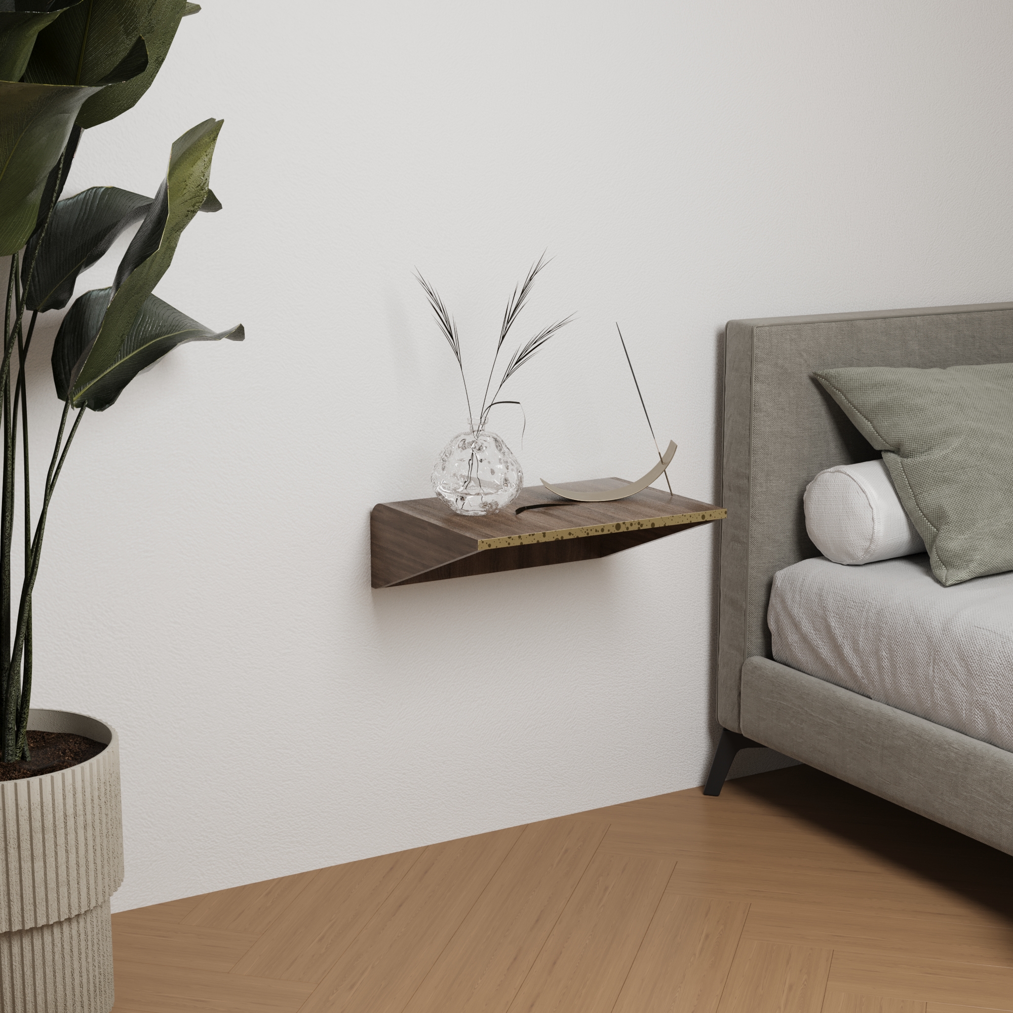 floating walnut nightstand with brass detail for the bedroom