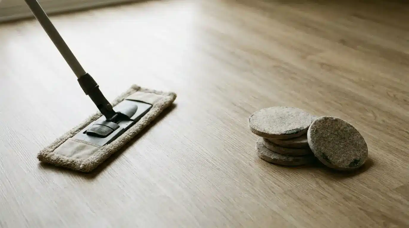 Mop cleaning light wood floor with stack of felt pads nearby