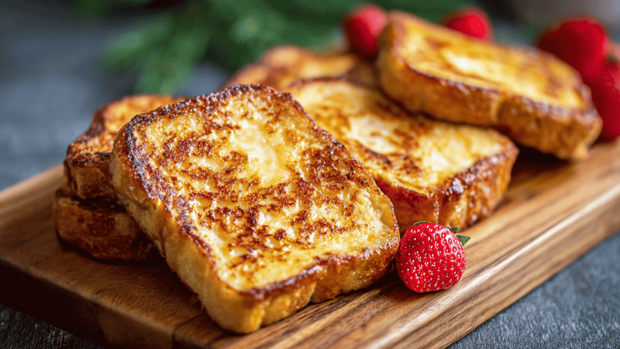 Golden, thick slices of French toast topped with fresh berries and syrup.