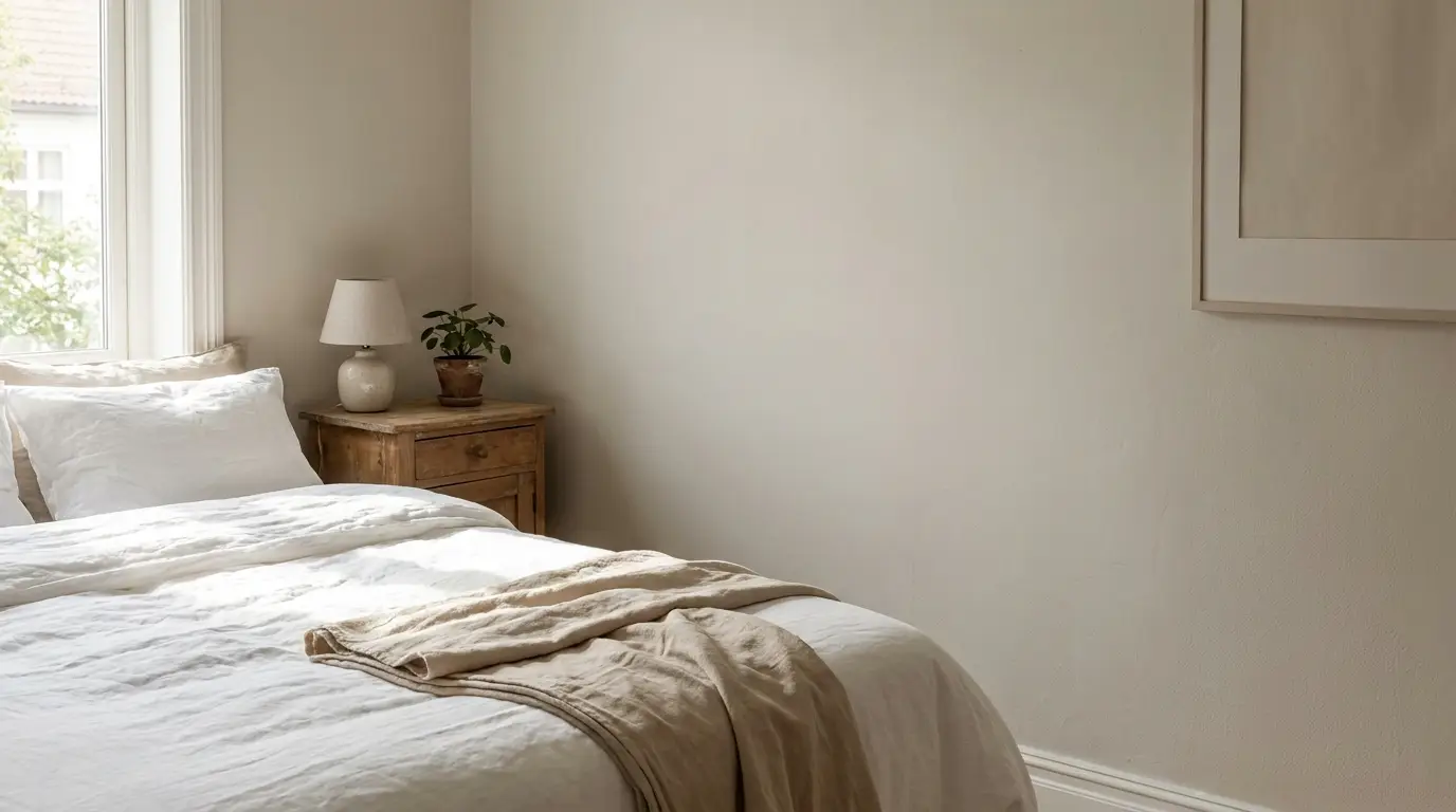 Cozy bedroom with white bedding, wooden nightstand, and potted plant under natural light.