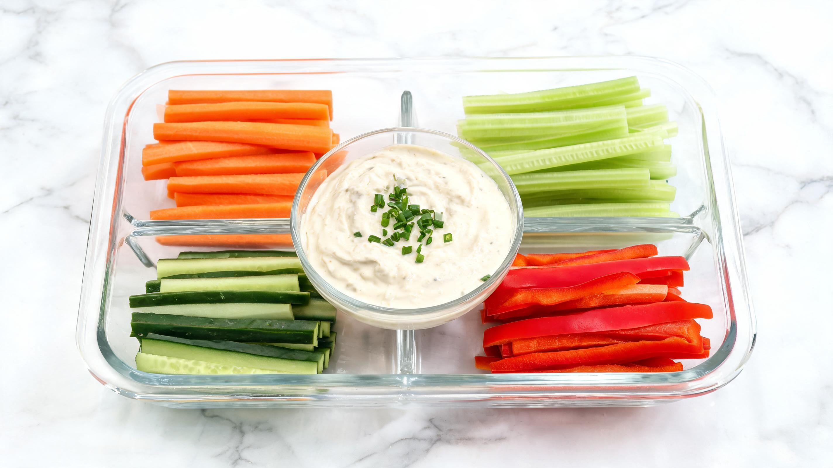 Crisp carrot, cucumber, and bell pepper sticks served with a creamy dip.