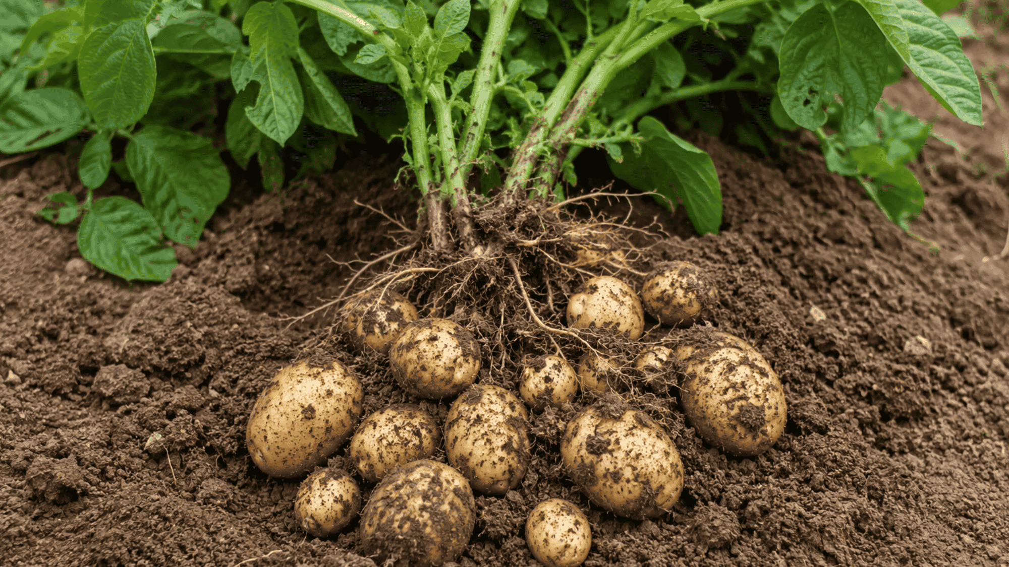 freshly harvested potatoes lying in loose garden soil beside healthy green potato plants