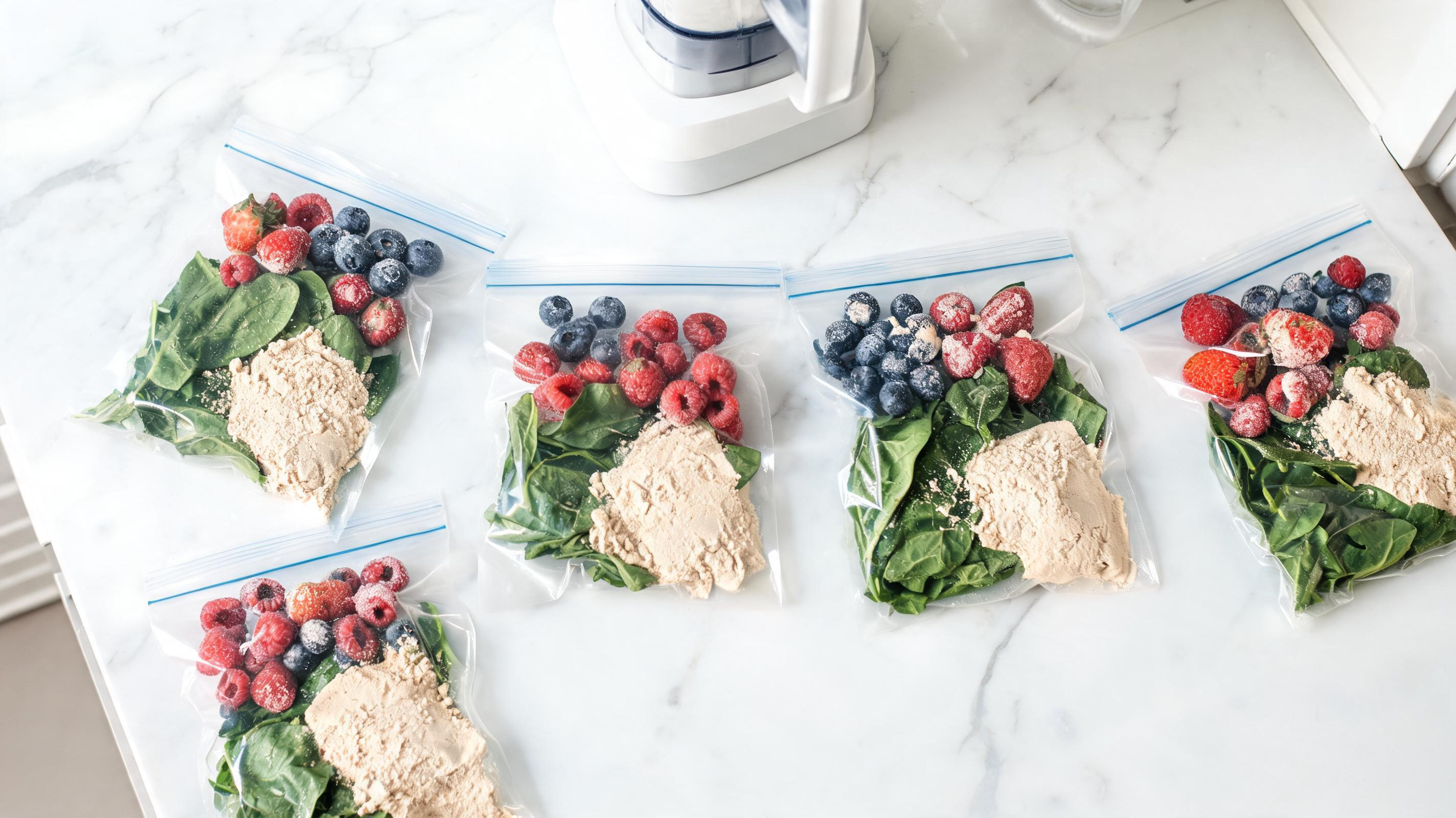 Pre-portioned frozen smoothie packs with spinach, berries, and bananas.