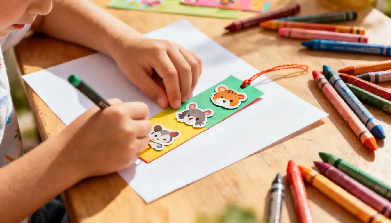 Child's hands decorate a bookmark with animal stickers while crayons are scattered nearby.