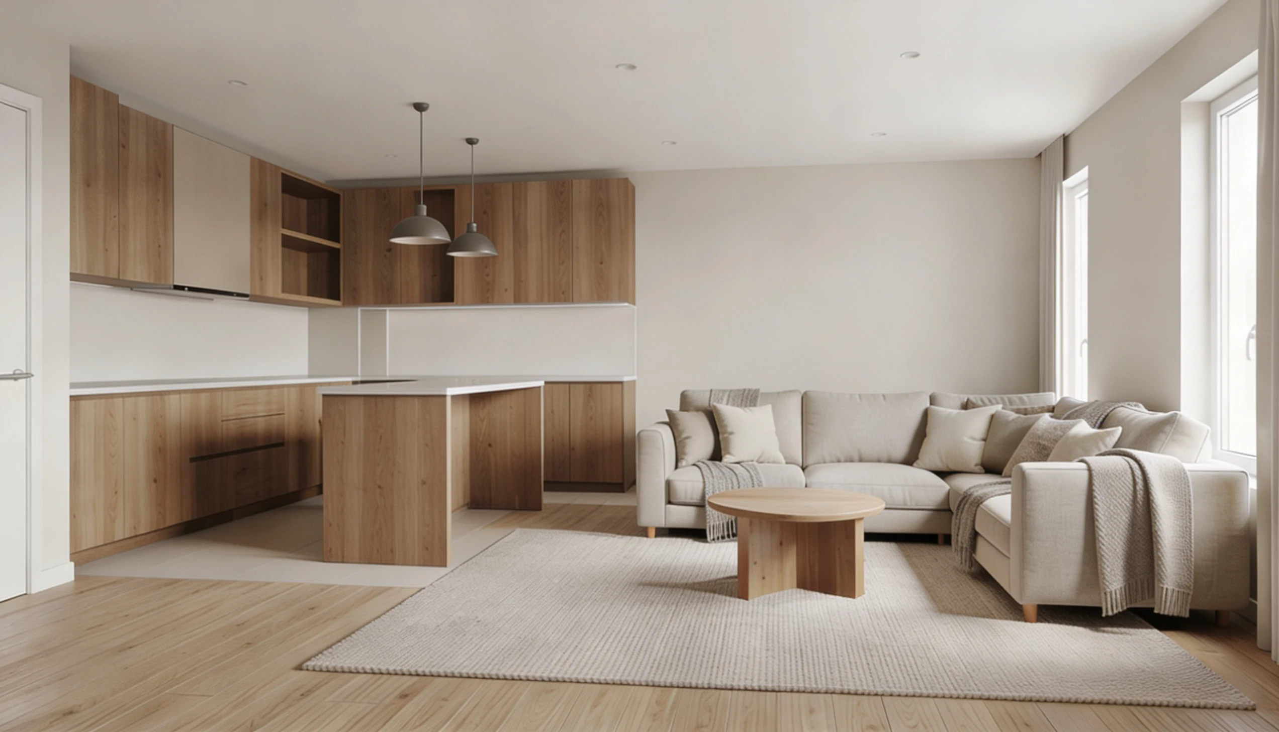 Open concept living space featuring kitchen with wood cabinetry and a sectional sofa