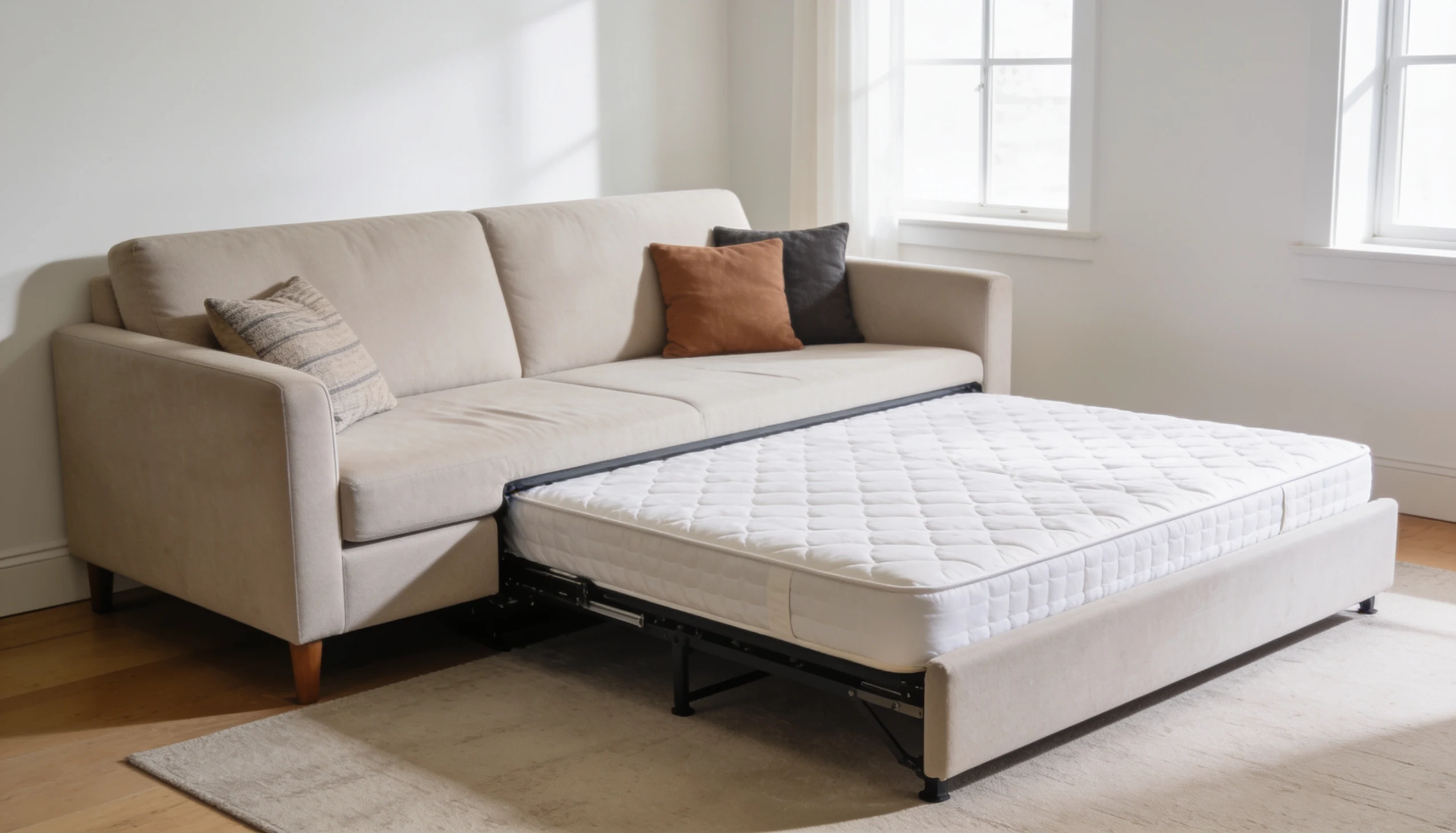 A beige sectional sofa is pulled out into a bed with a white mattress.