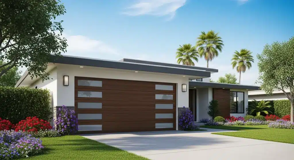 Modern house with wooden garage door, surrounded by colorful landscaping and palm trees under blue sky