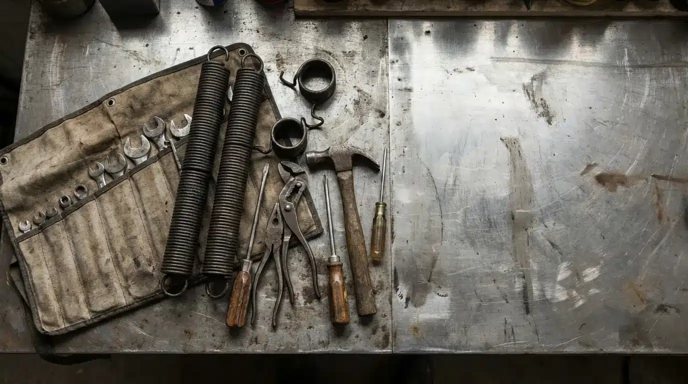 Assorted hand tools and springs on worn metal workbench in a workshop setting