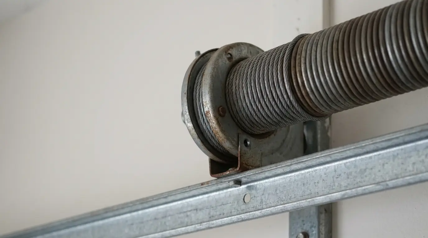 Coiled garage door spring on metal bracket in indoor setting