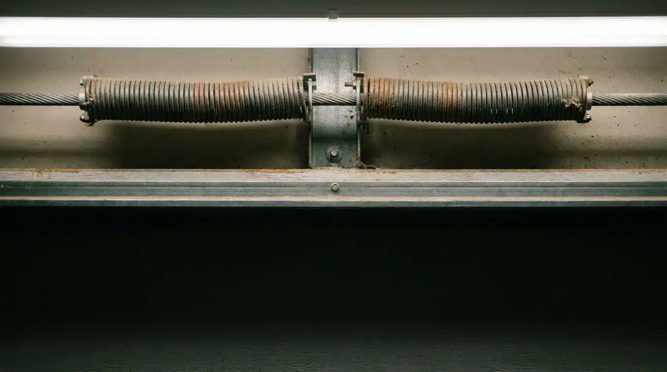 Garage door torsion spring mechanism on steel support frame under overhead light