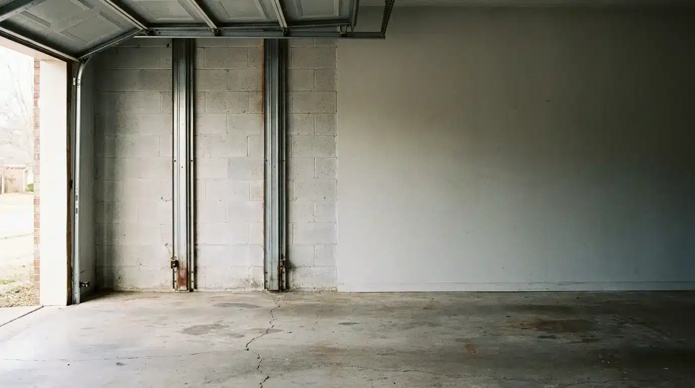 Empty garage with concrete floor, open door, and exposed brick walls