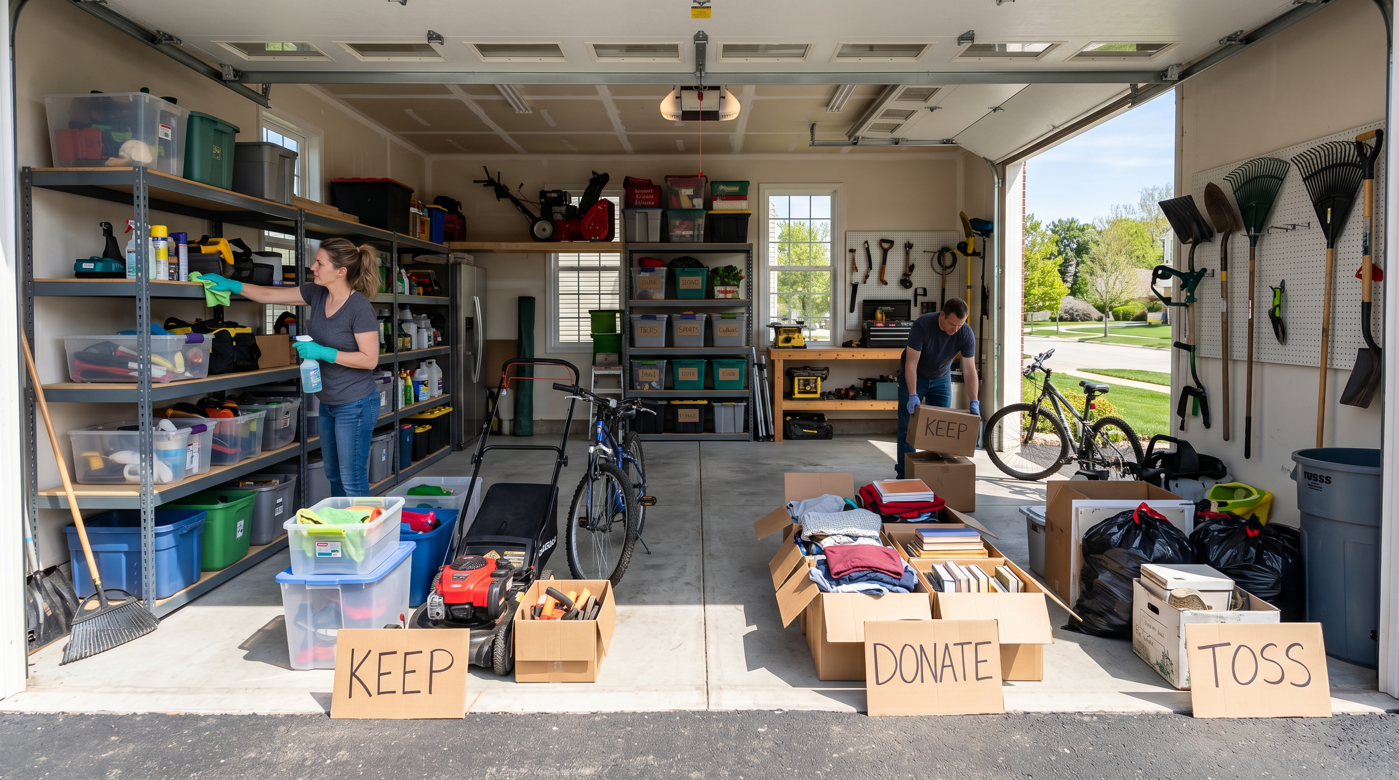 Two people organizing a garage with boxes labeled Keep, Donate, Toss and neatly stored tools.