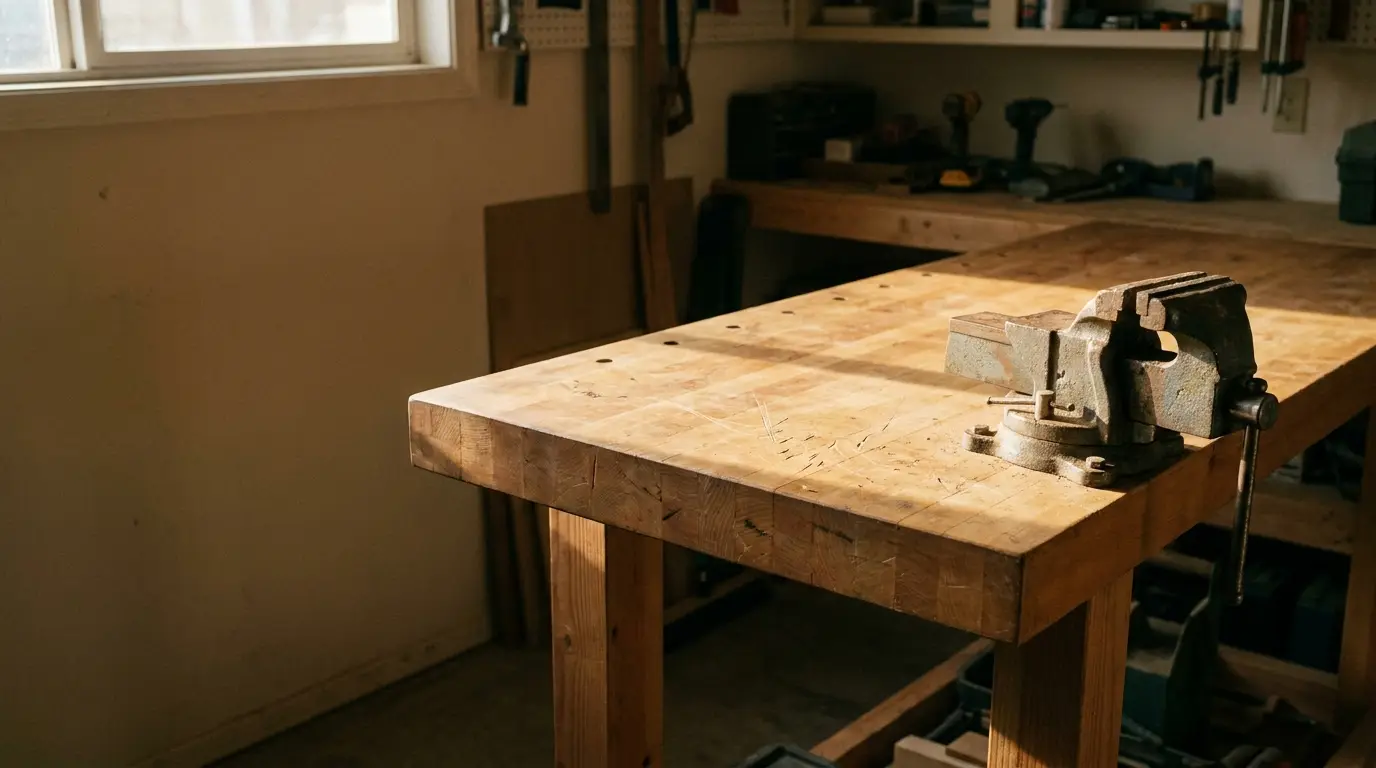 Wooden workbench with metal vise in sunlit workshop