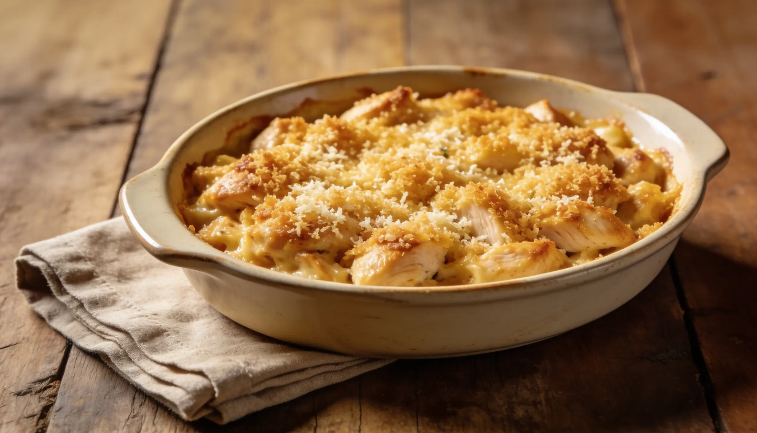 A creamy chicken pasta bake with a golden breadcrumb topping in a ceramic dish on a wooden surface.
