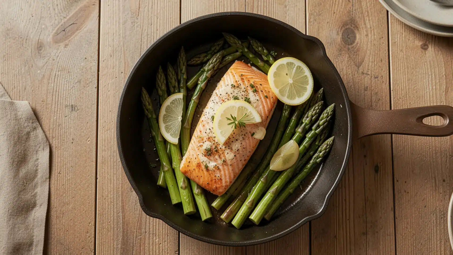 A skillet of cooked salmon and asparagus is garnished with lemon slices on a wooden table