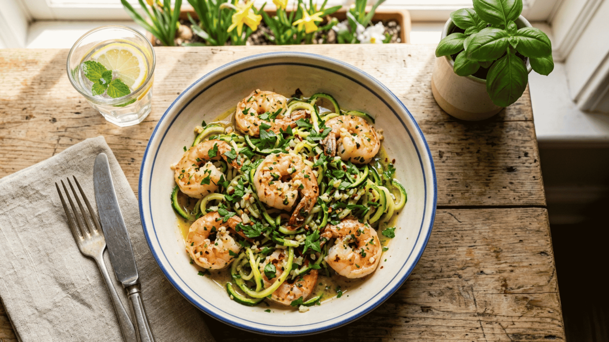 A skillet filled with garlic butter shrimp tossed alongside tender, spiralized zucchini noodles and garnished with fresh chopped parsley.