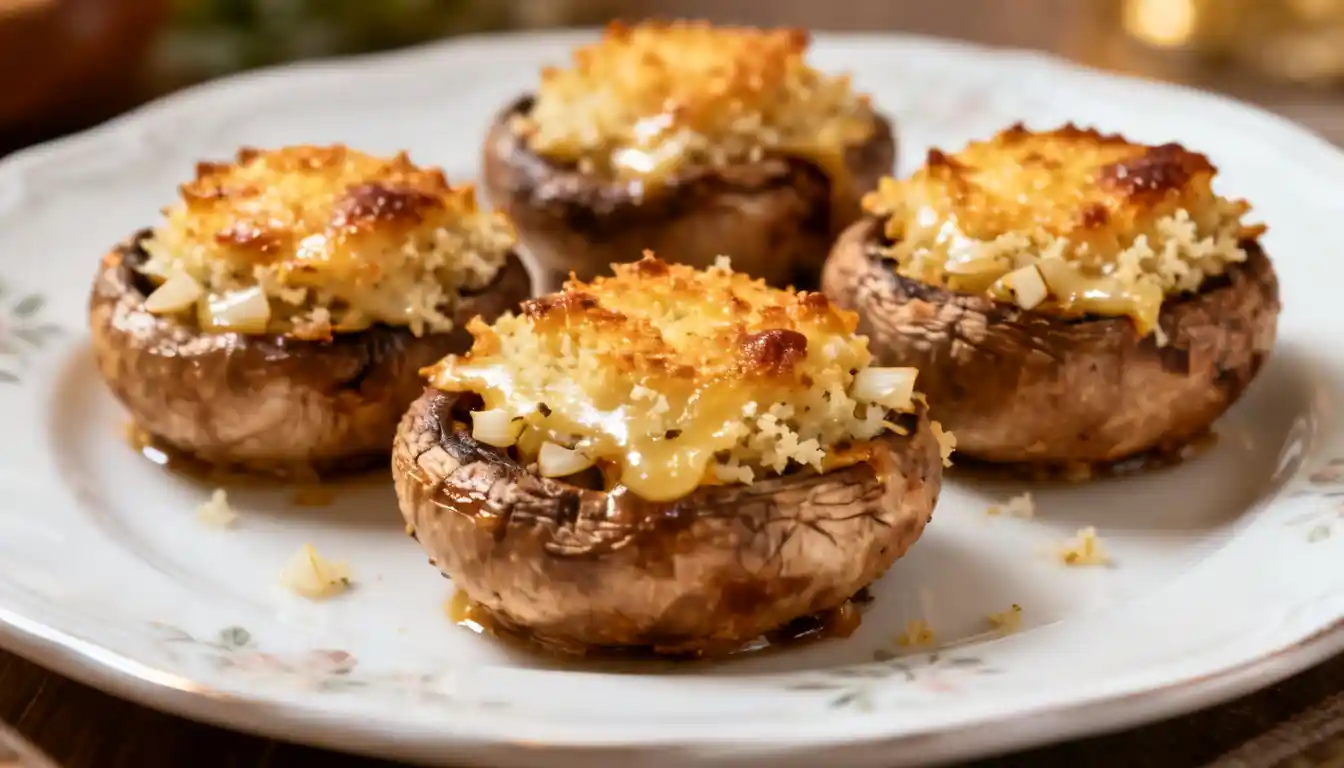Four baked stuffed mushrooms with a golden-brown, cheesy topping on a white plate.