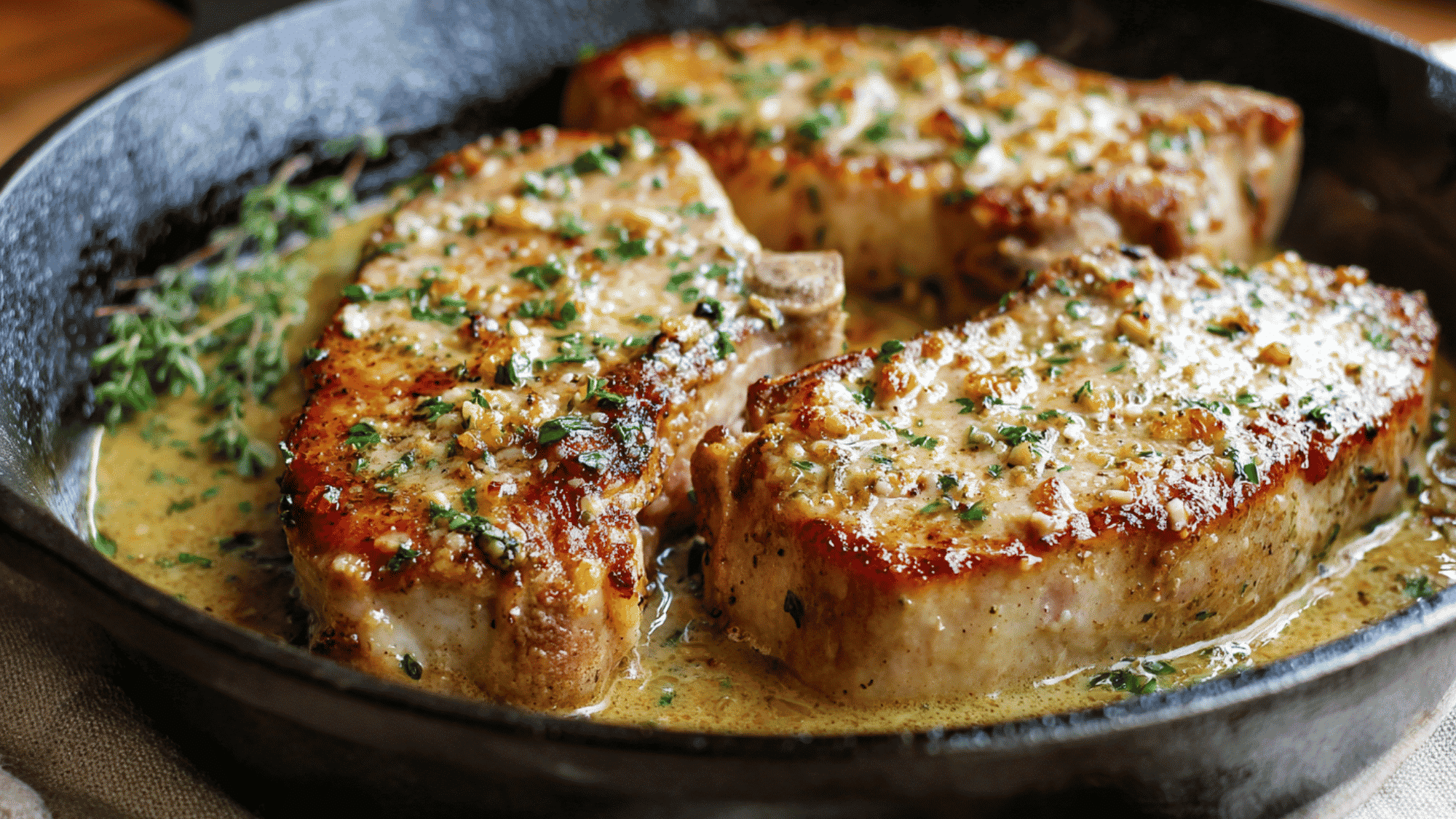 Thick-cut boneless pork chops simmering in a creamy garlic parmesan sauce inside a slow cooker.