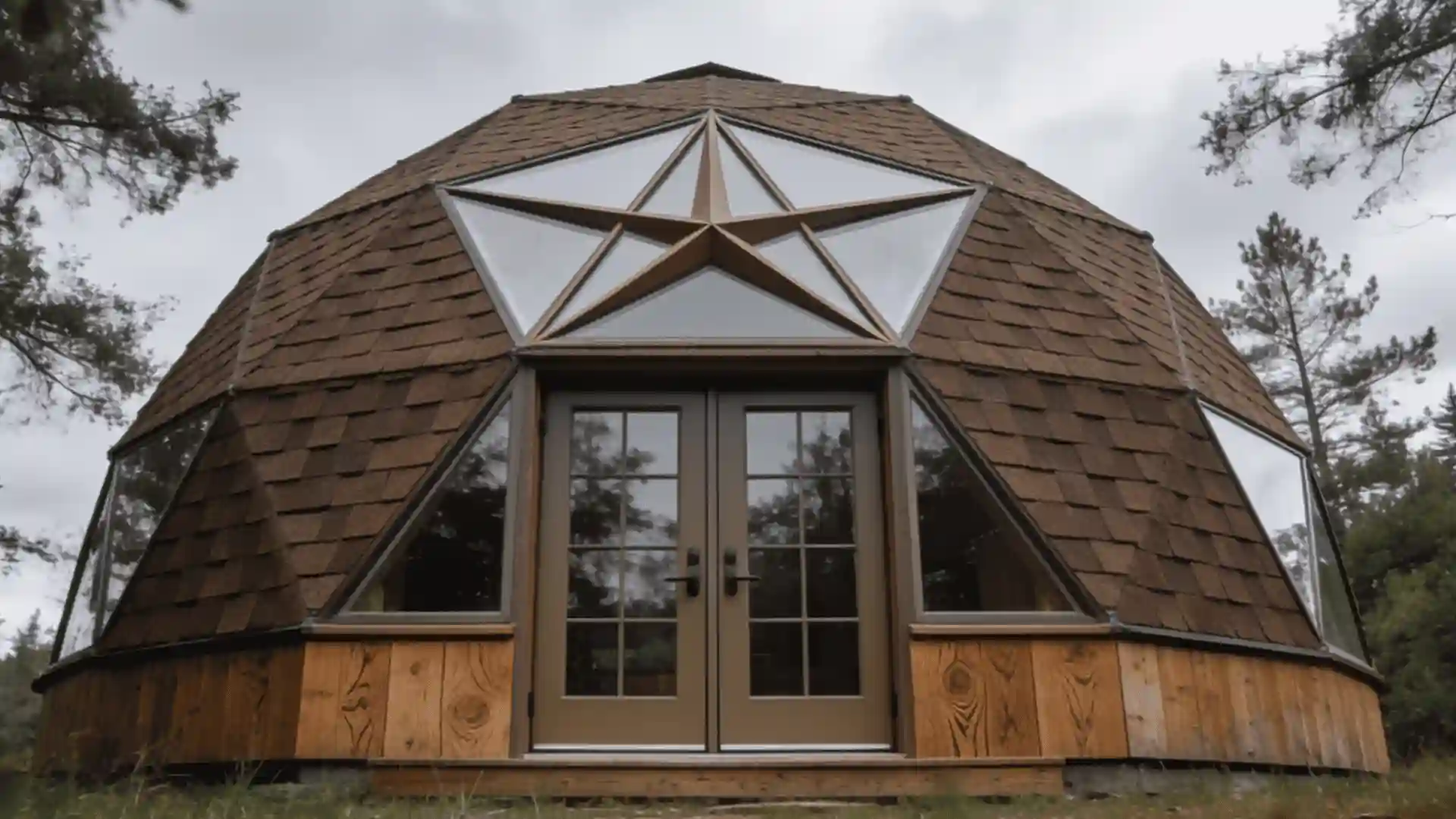 A geodesic dome home with a brown shingled roof, multiple triangular windows, and a five-pointed star window above double glass doors.