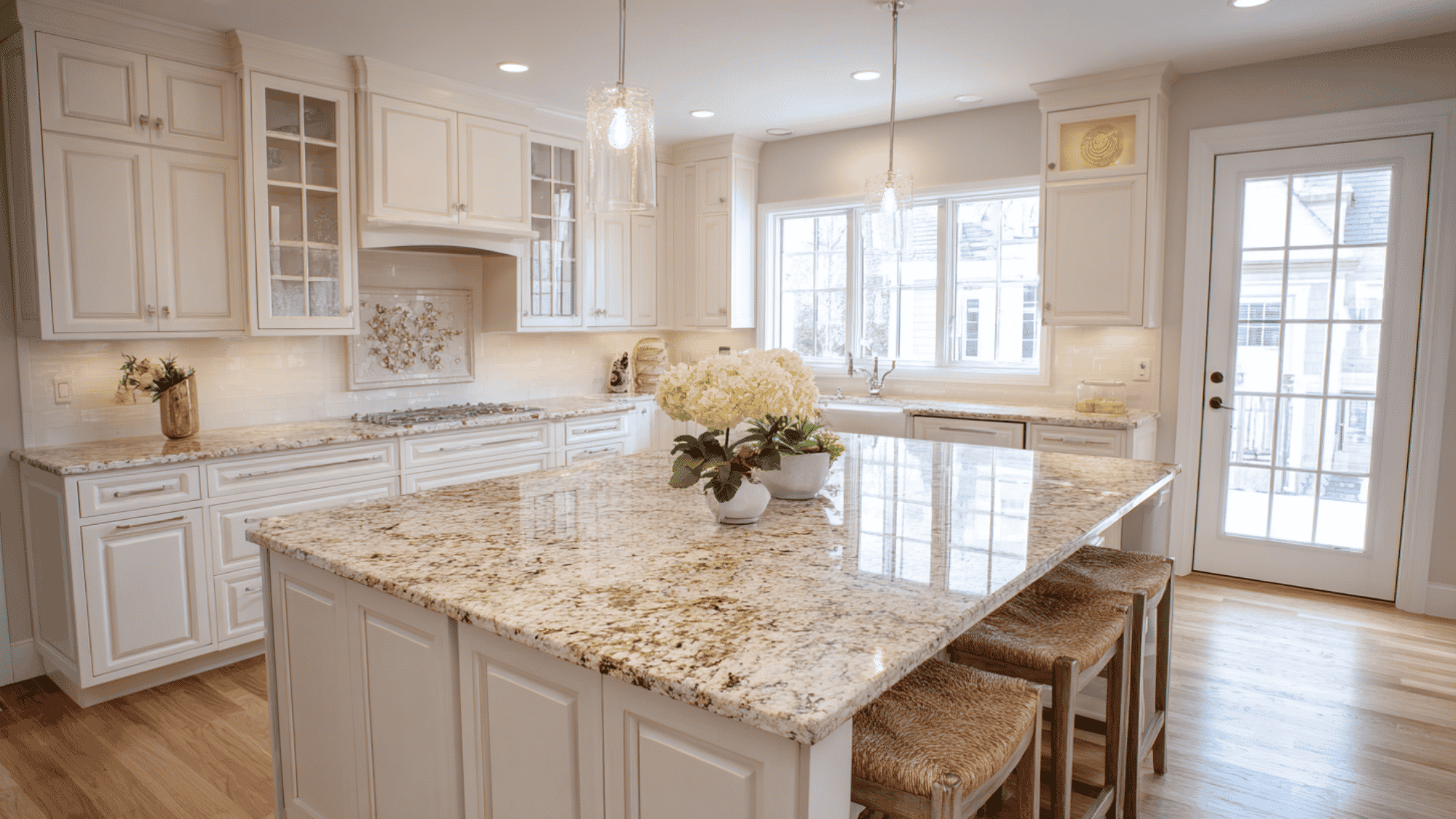 A close-up view of a polished Santa Cecilia granite slab, showcasing a creamy gold base accented by rich brown, black, and subtle burgundy spots.