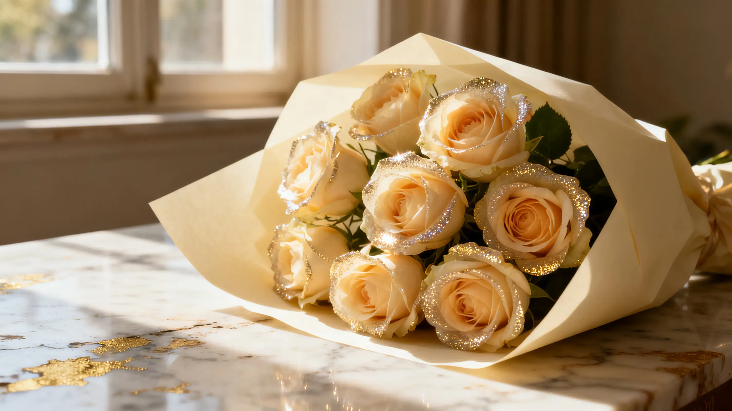 Bouquet of champagne roses with glitter edges on marble table in sunlight