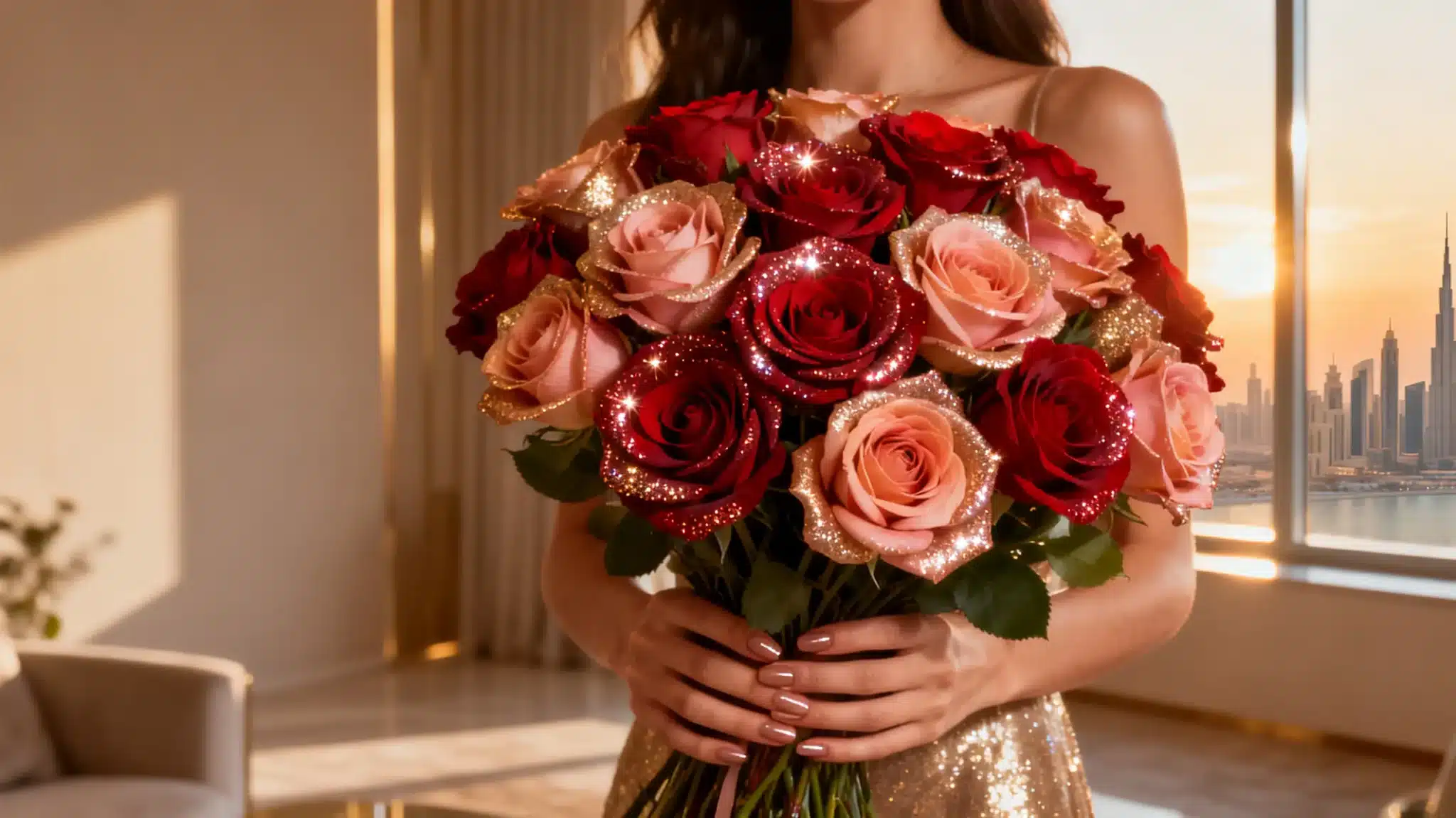 Bouquet of red and pink roses with glitter held by woman in gold dress, cityscape view