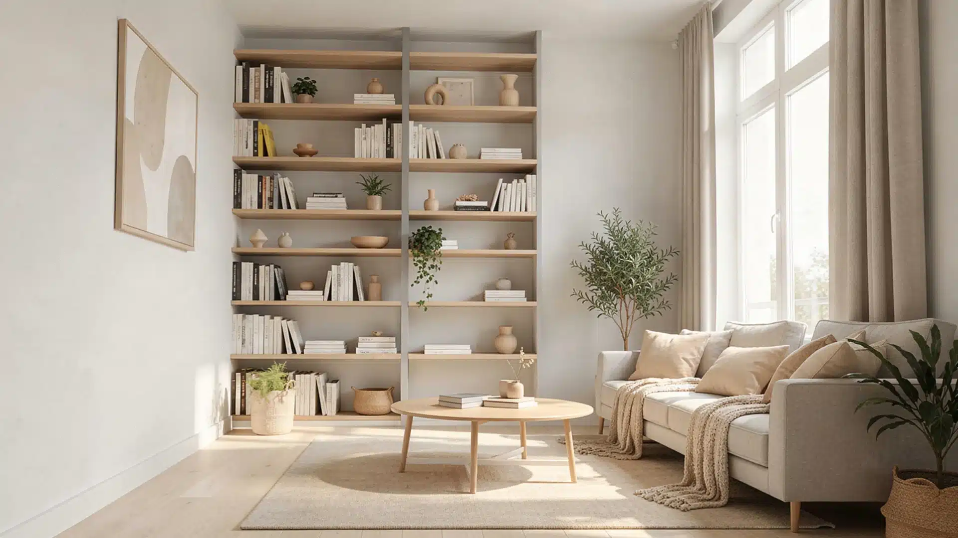 A well-furnished living room showcasing a comfortable couch, a bookshelf, and a coffee table for relaxation and reading.