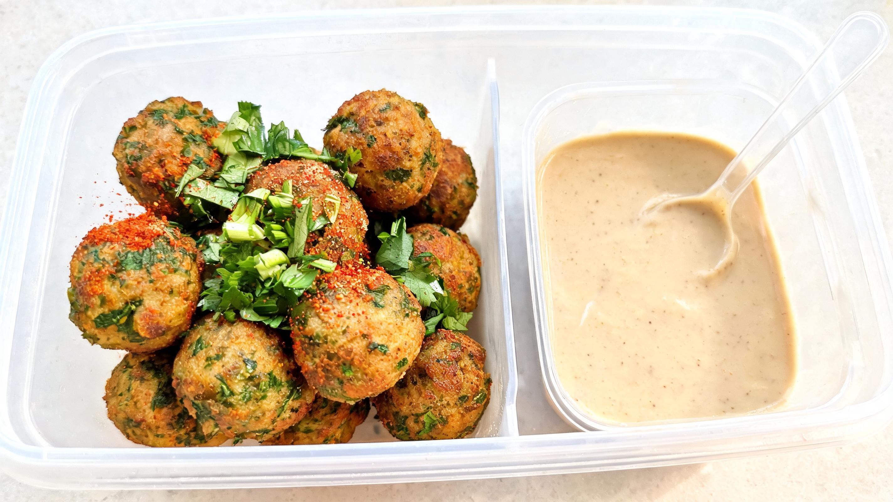 Golden-brown mini falafel bites served in a bowl with tahini dipping sauce.