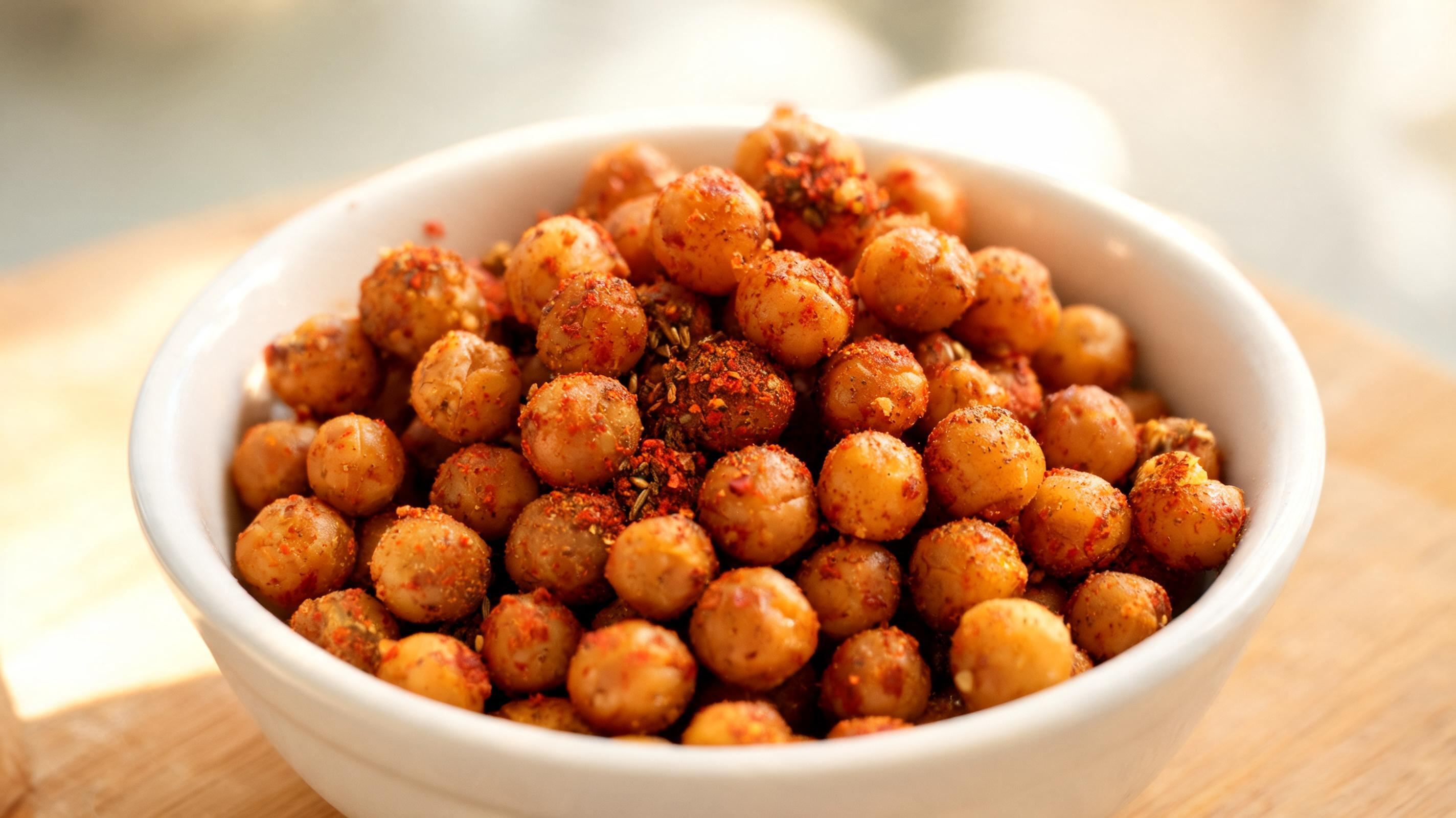 Crispy oven-roasted chickpeas seasoned with smoked paprika in a small bowl.