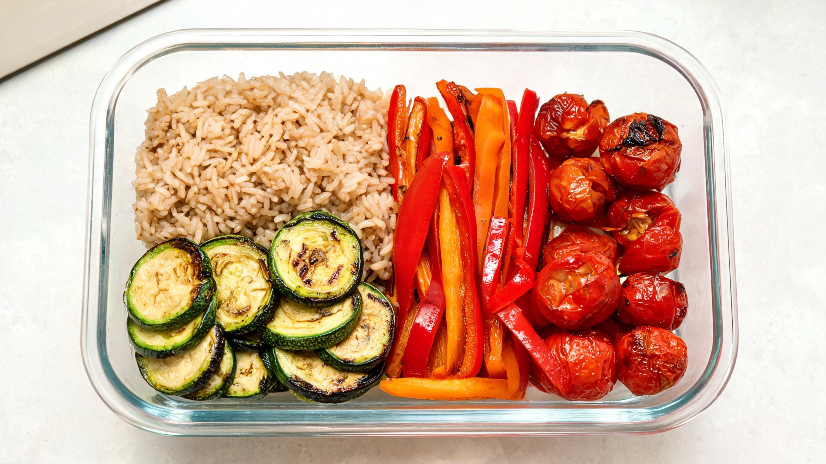 A vibrant grain bowl filled with quinoa, roasted vegetables, and a creamy sauce.