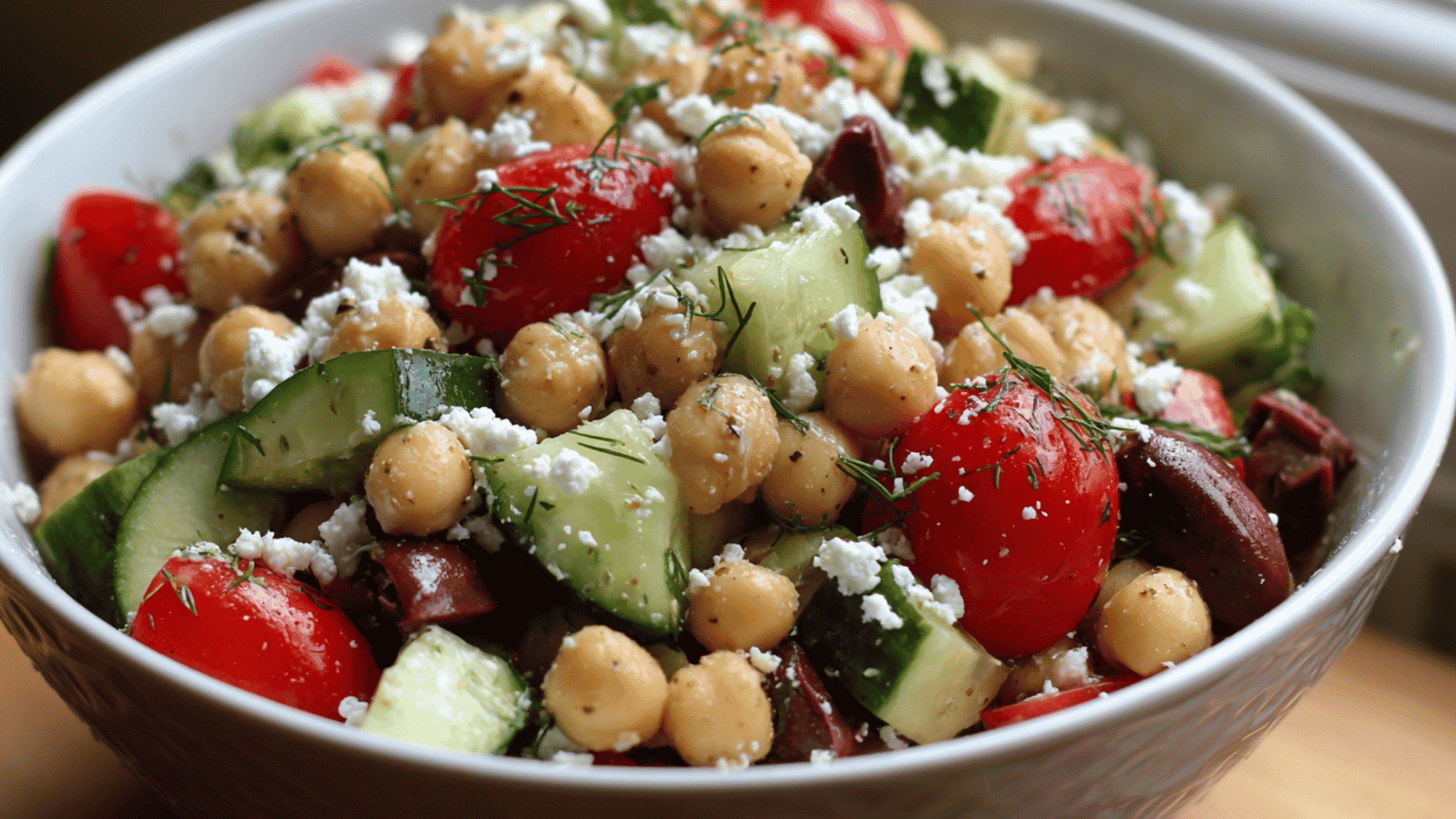 Greek chickpea salad in a meal prep container with cucumber, cherry tomatoes, red onion, olives, and feta.