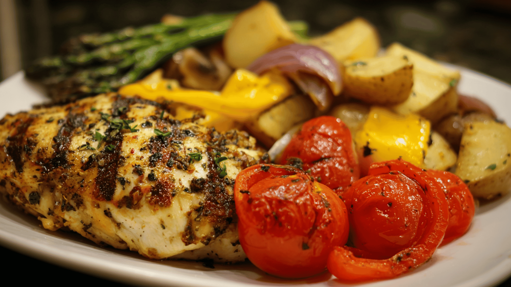 A sheet pan filled with tender, sliced chicken breasts marinated in Greek yogurt and herbs, roasted alongside a colorful mix of sliced zucchini, red onion wedges, and juicy cherry tomatoes.