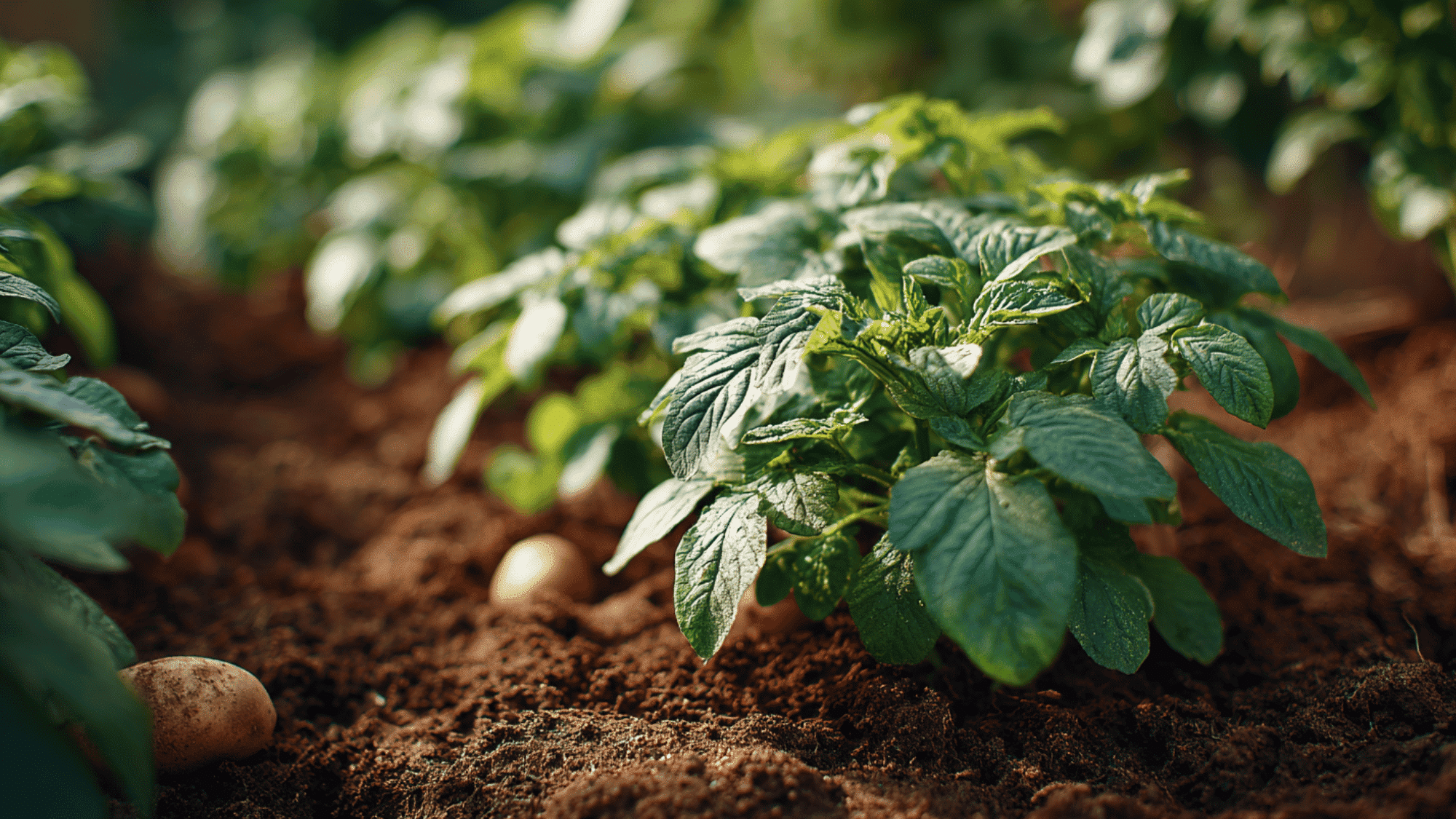 green potato plants growing in garden soil during the vegetative growth stage under sunlight