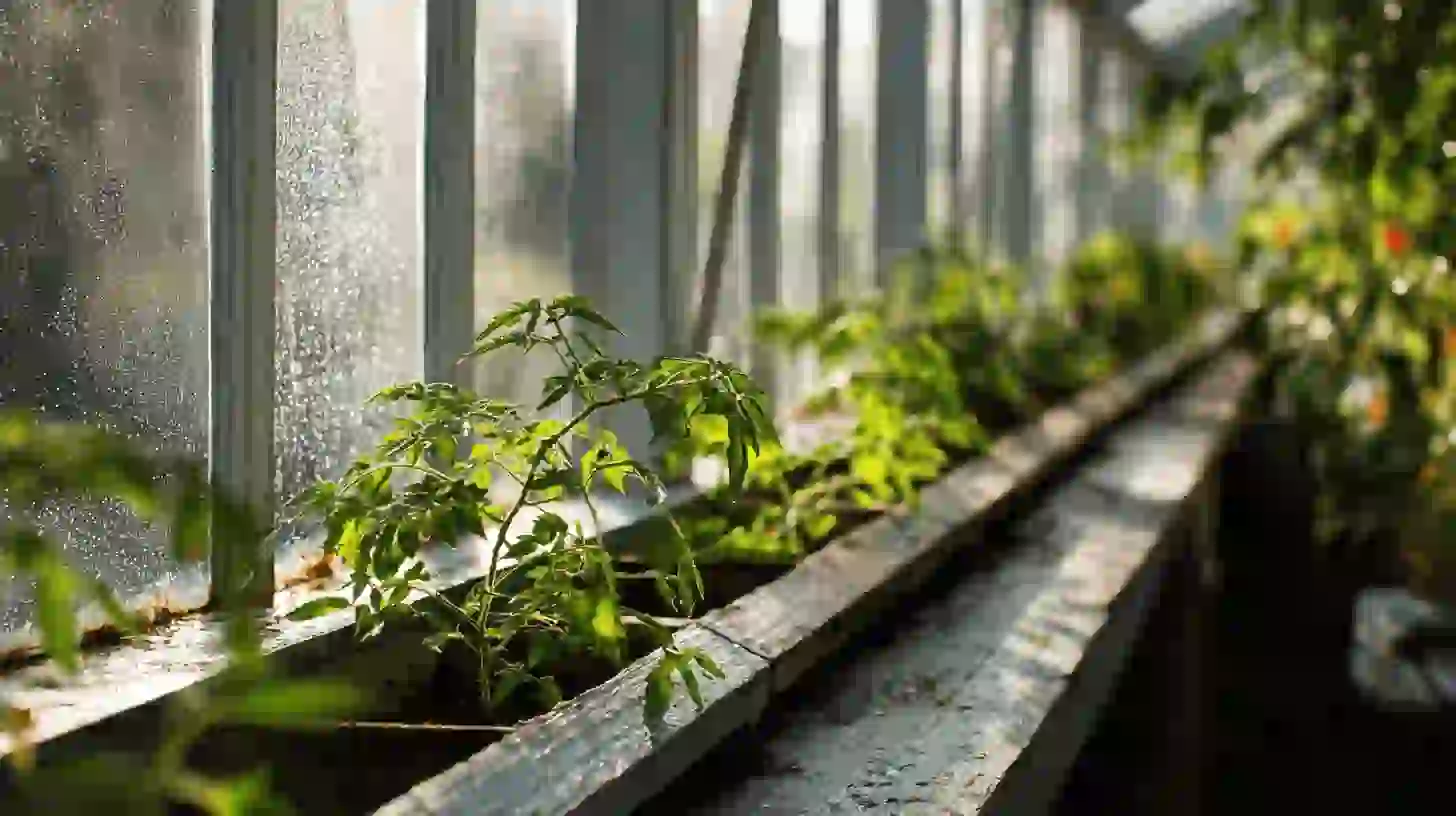 tomato seedlings growing on a wooden bench inside a greenhouse with condensation on the glass panels