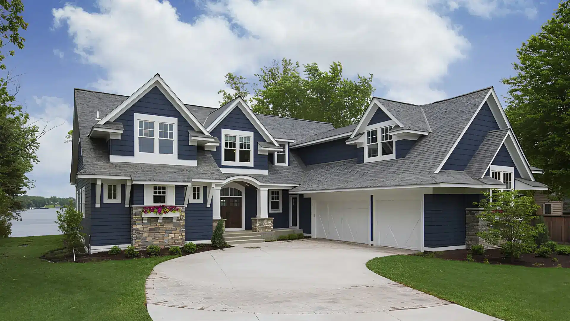 A two story house with a stone base, showcasing grey and navy blue color scheme