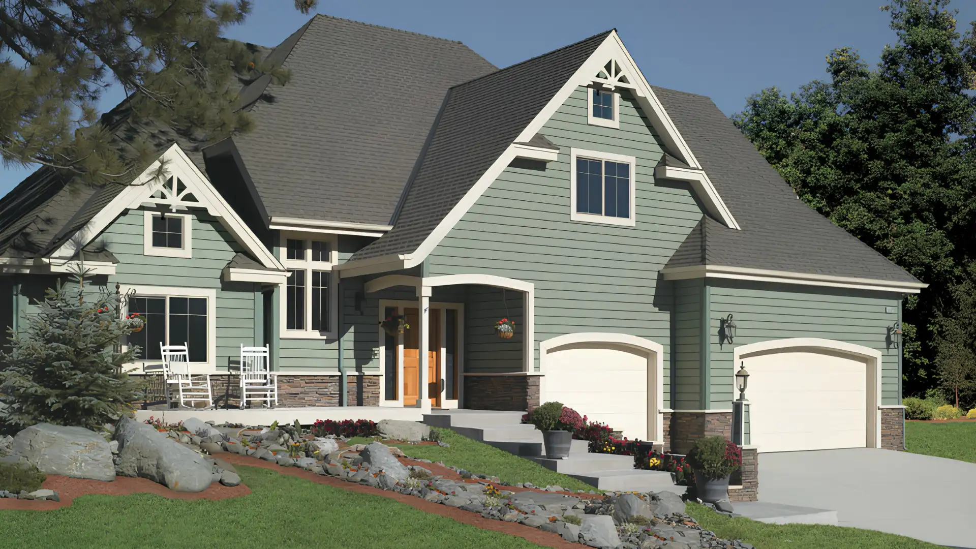 A two story green house with a dark gray roof, showcasing grey and green color scheme