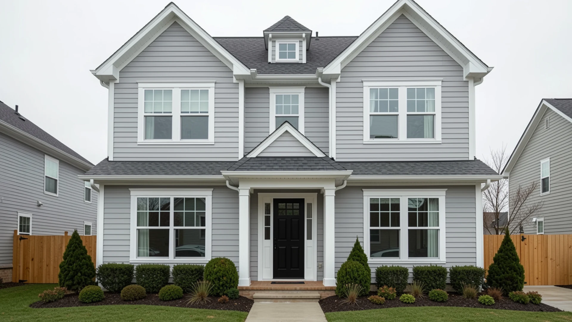 A modern two story grey house showcasing grey and white color scheme with a black front door and manicured landscaping