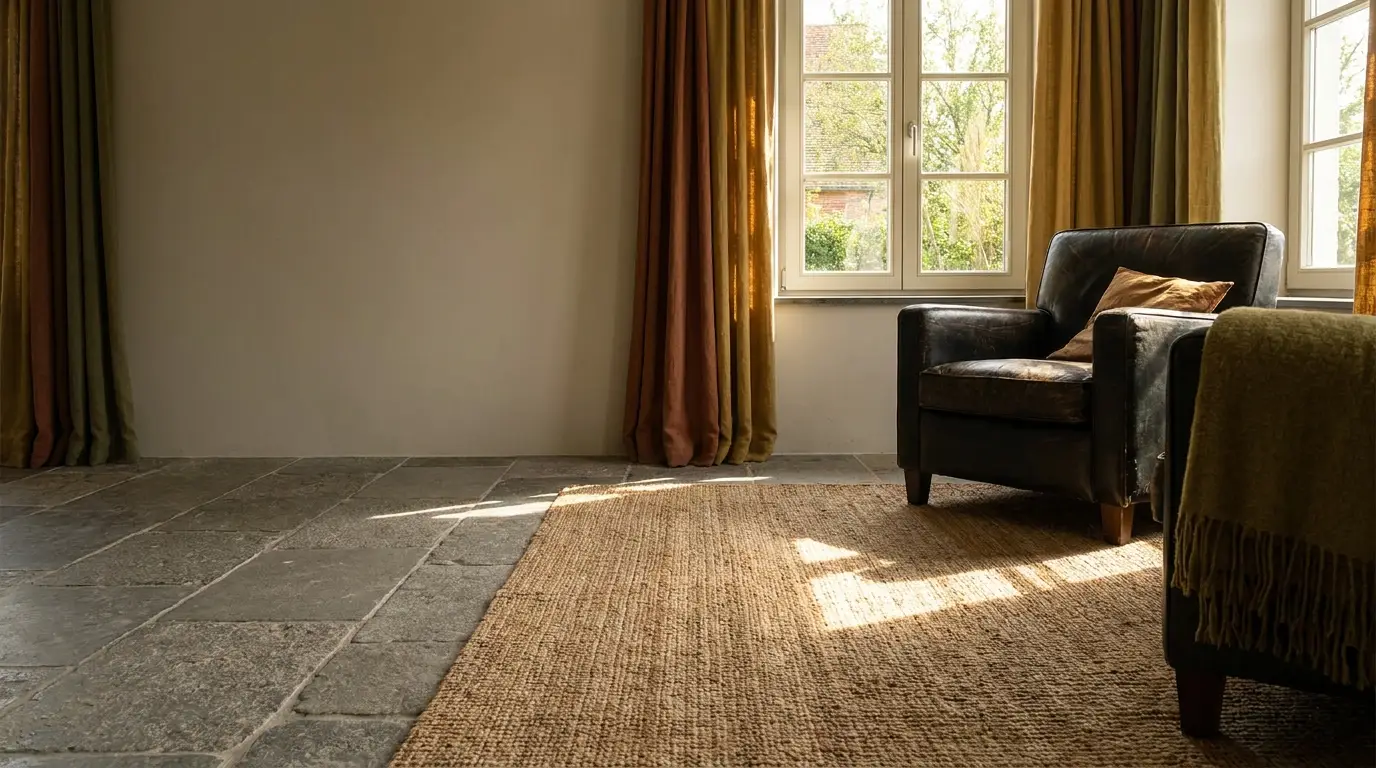 Cozy living room with leather armchair, woven rug, and large window with curtains