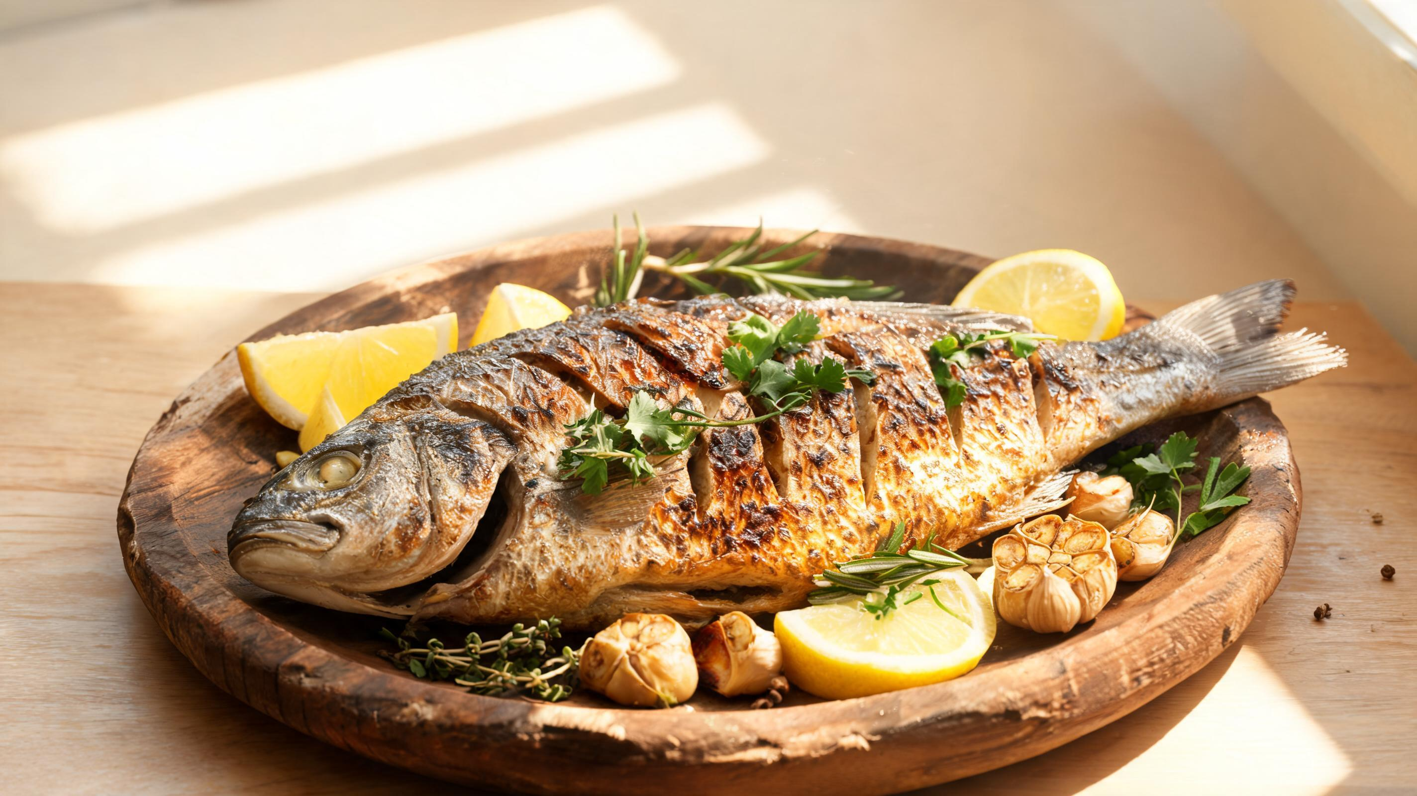 Grilled whole branzino on a wooden plate with lemon, garlic, and herbs, ready to serve.