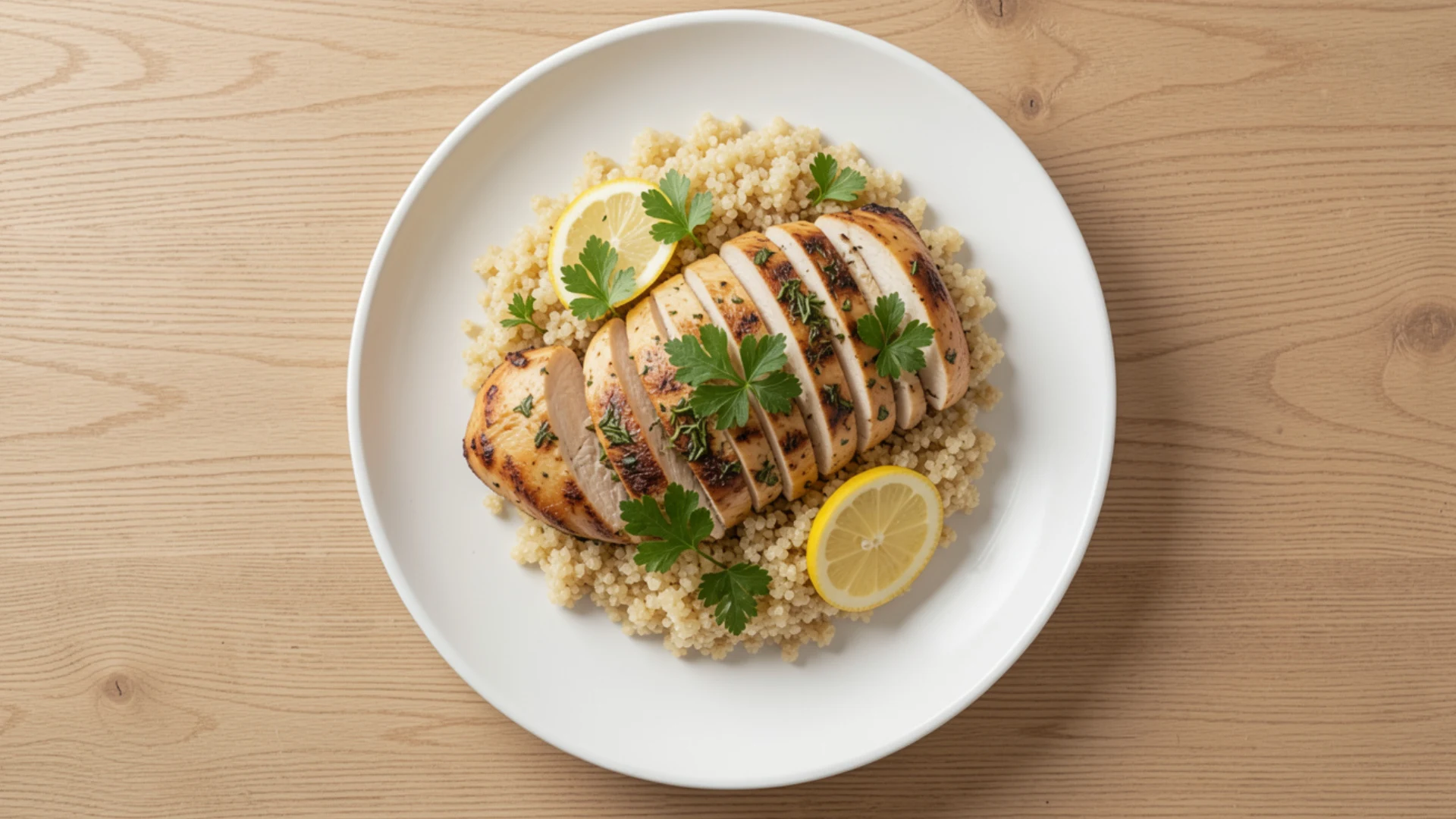 Sliced grilled chicken breast served on a bed of quinoa with lemon slices and parsley garnish on a white plate