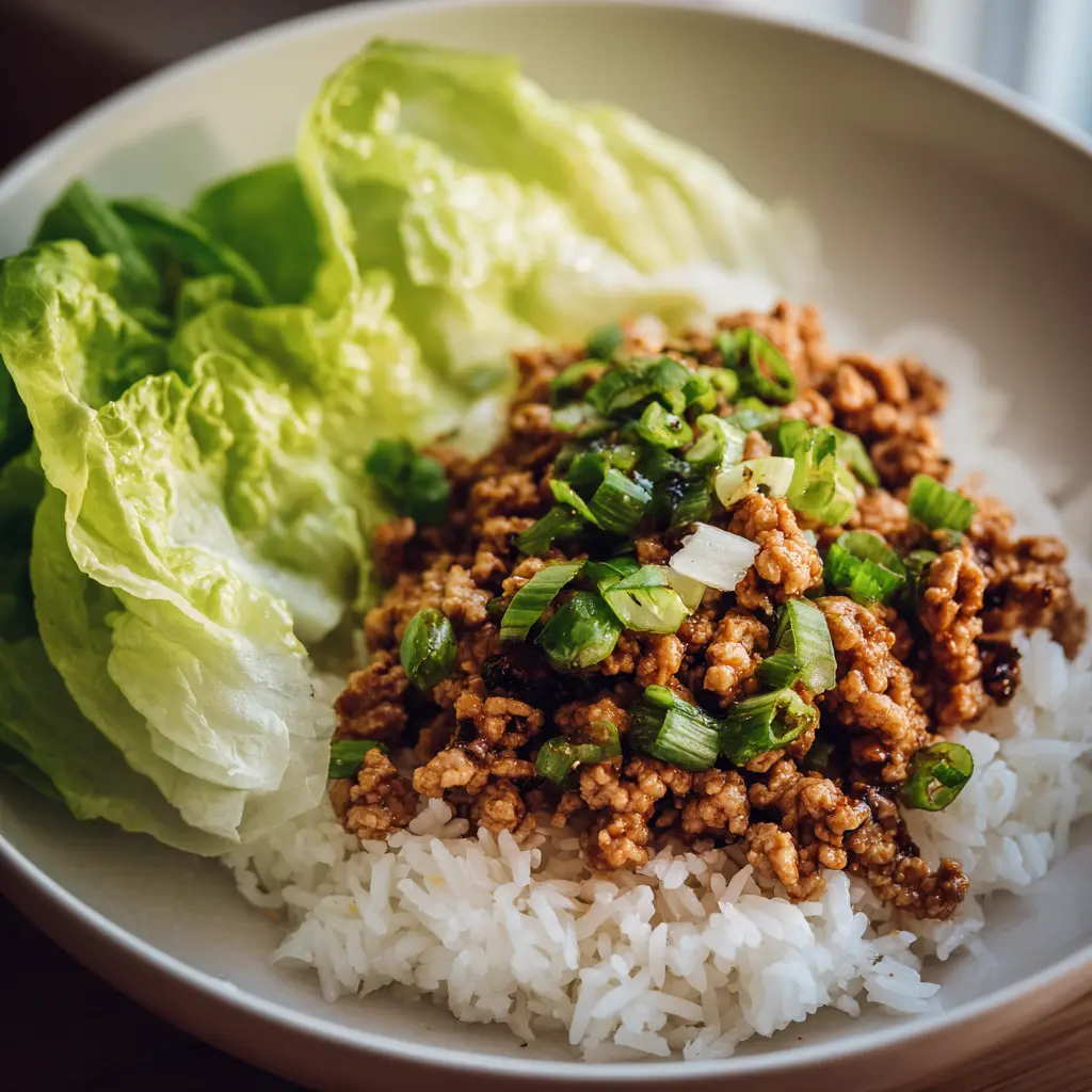 Center focused 3 ingredient ground chicken dish with garlic and soy sauce served over steamed rice or in lettuce wraps