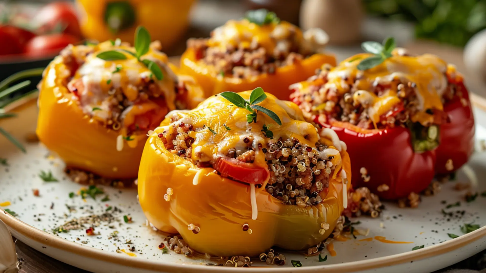 Center focused ground chicken stuffed bell peppers with quinoa diced tomatoes and melted cheese baked golden brown on white plate