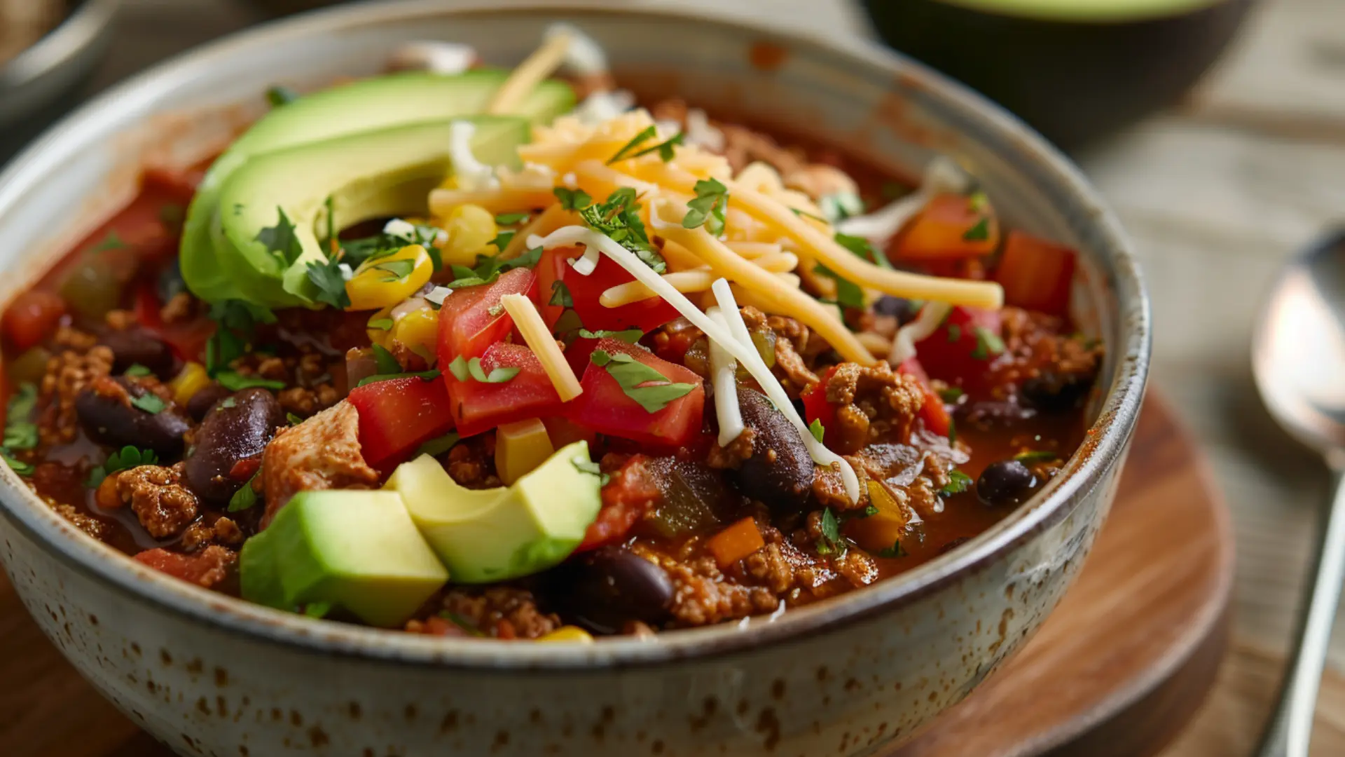 Center focused bowl of ground chicken chili with onions tomatoes black beans corn garnished with avocado slices and shredded cheese