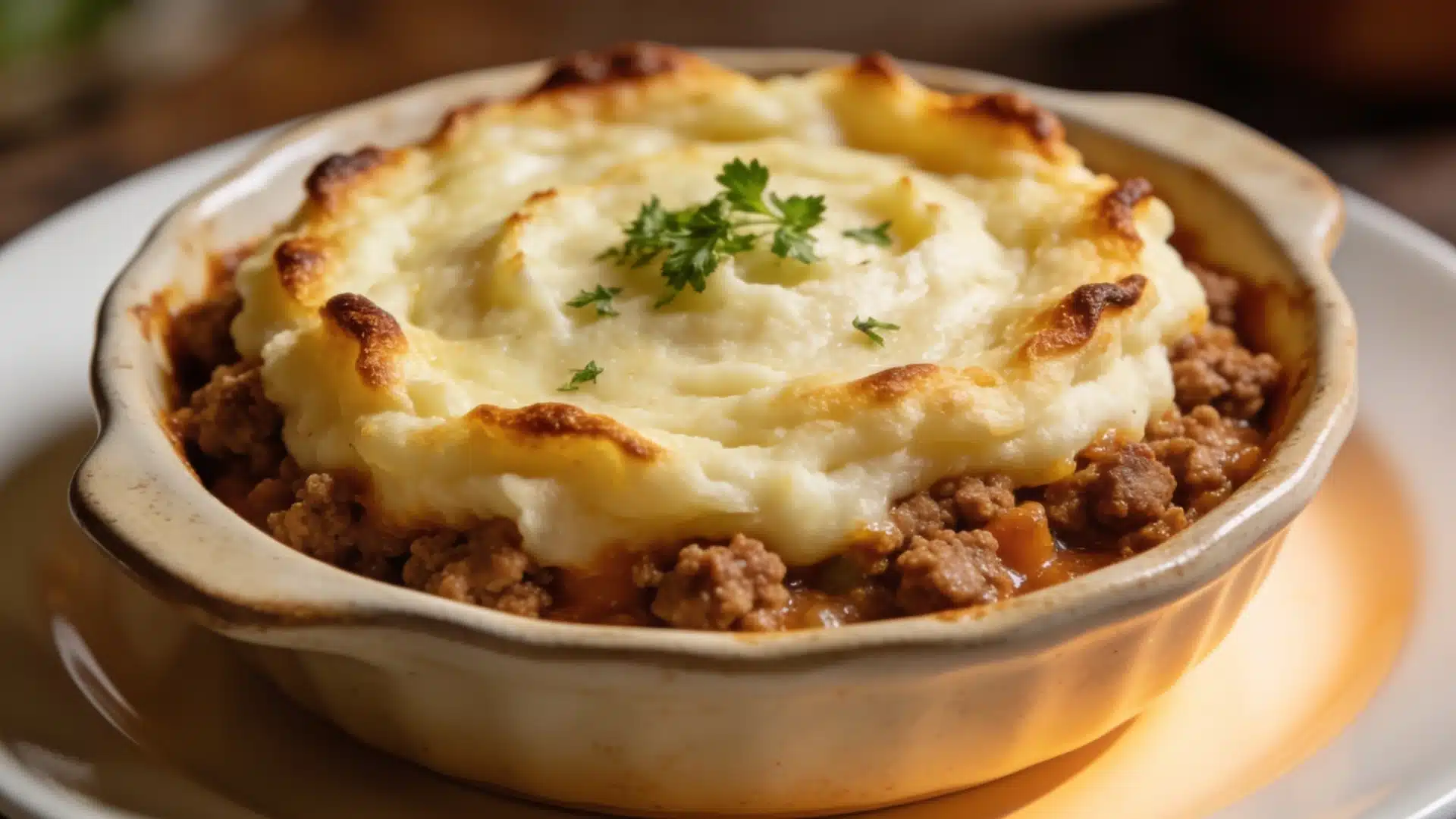 A comforting ground turkey shepherd's pie with creamy mashed potato on top just like home cooking.