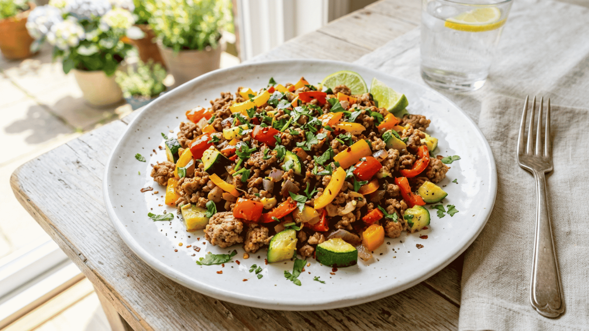 A colorful skillet filled with browned ground turkey, diced zucchini, sweet corn kernels, and juicy halved cherry tomatoes, topped with fresh basil.