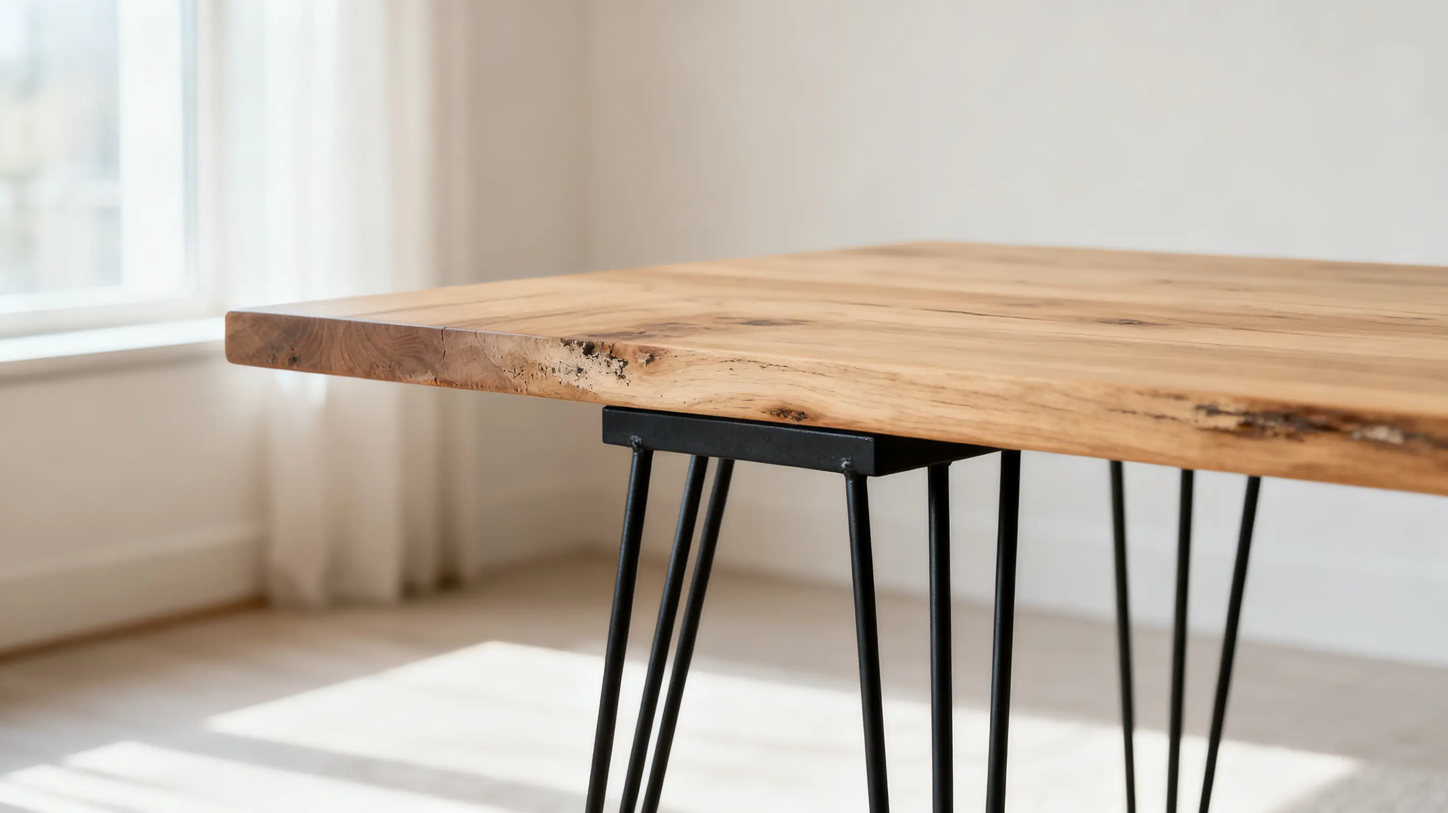 Wooden table with metal legs in sunlit room with white curtains