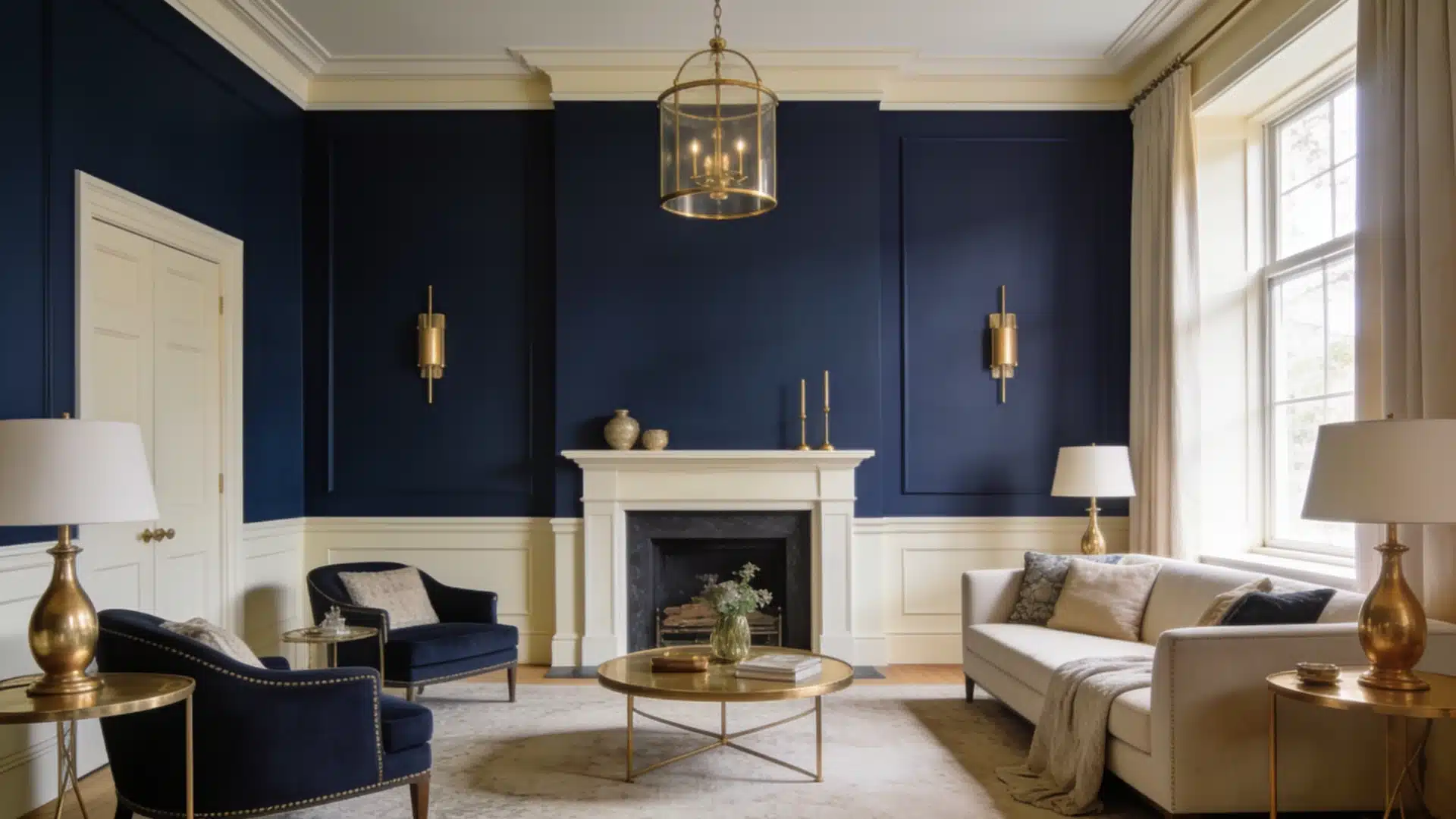A stylish living room showcasing blue walls complemented by luxurious gold accents, offering a modern aesthetic